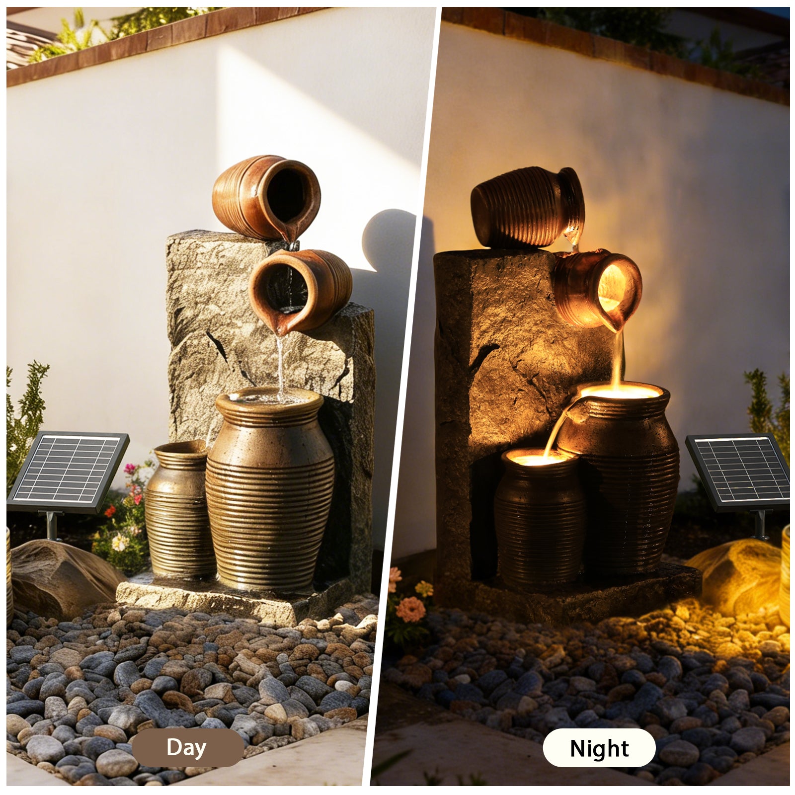 HOMREST 29.9"Tall Outdoor Solar Power Water Fountain - Resin Pottery Cascade Garden Water Fountain with LED Lights Effect  for Patio Deck Yard Home,Brown