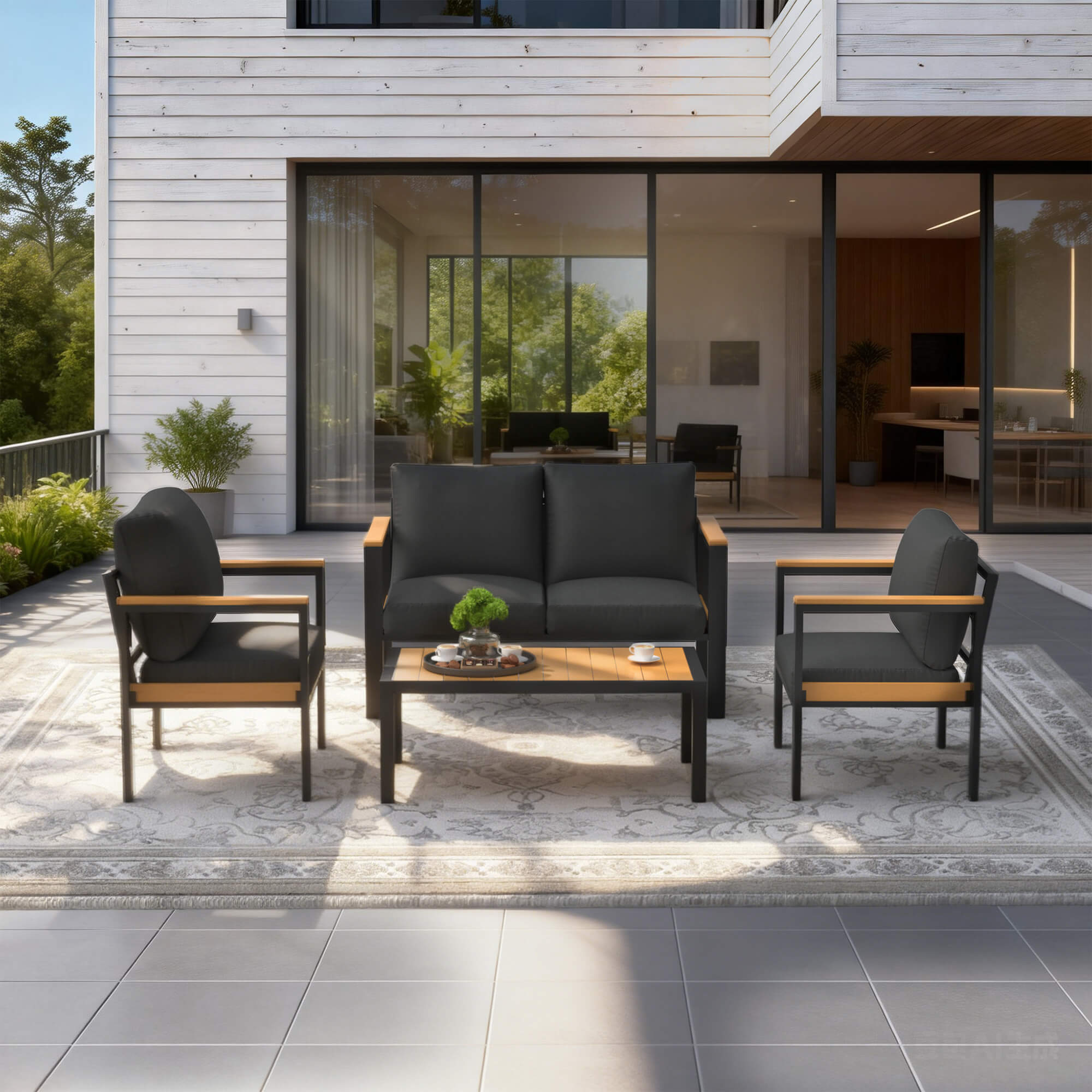 HOMREST 4 Piece Patio Furniture Set, Metal Patio Conversation Set with Coffee Table, All-Weather Outdoor Furniture, Black