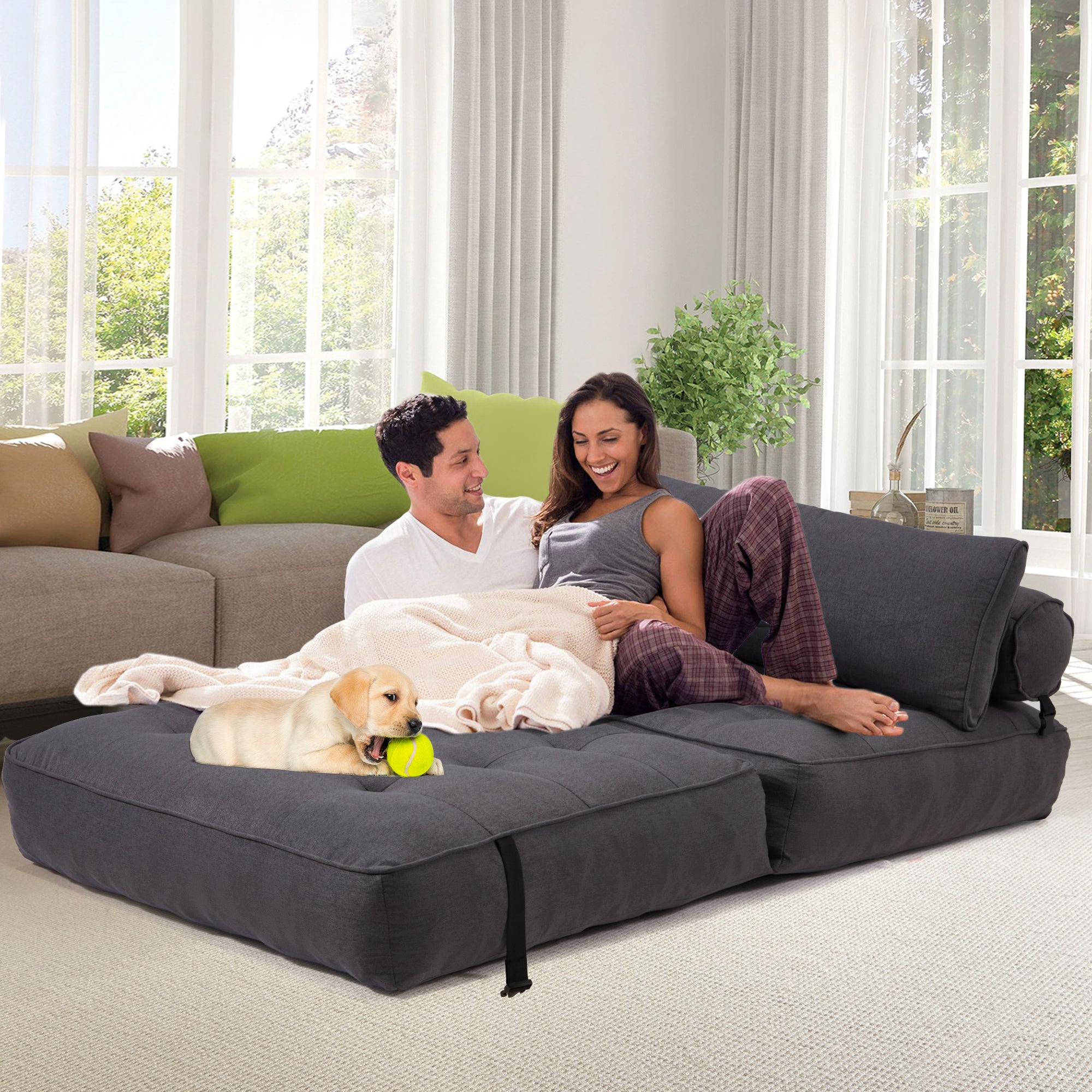HOMREST Folding Out Chair Bed, Convertible Sofa Bed with 2 Pillows, Dark Gray