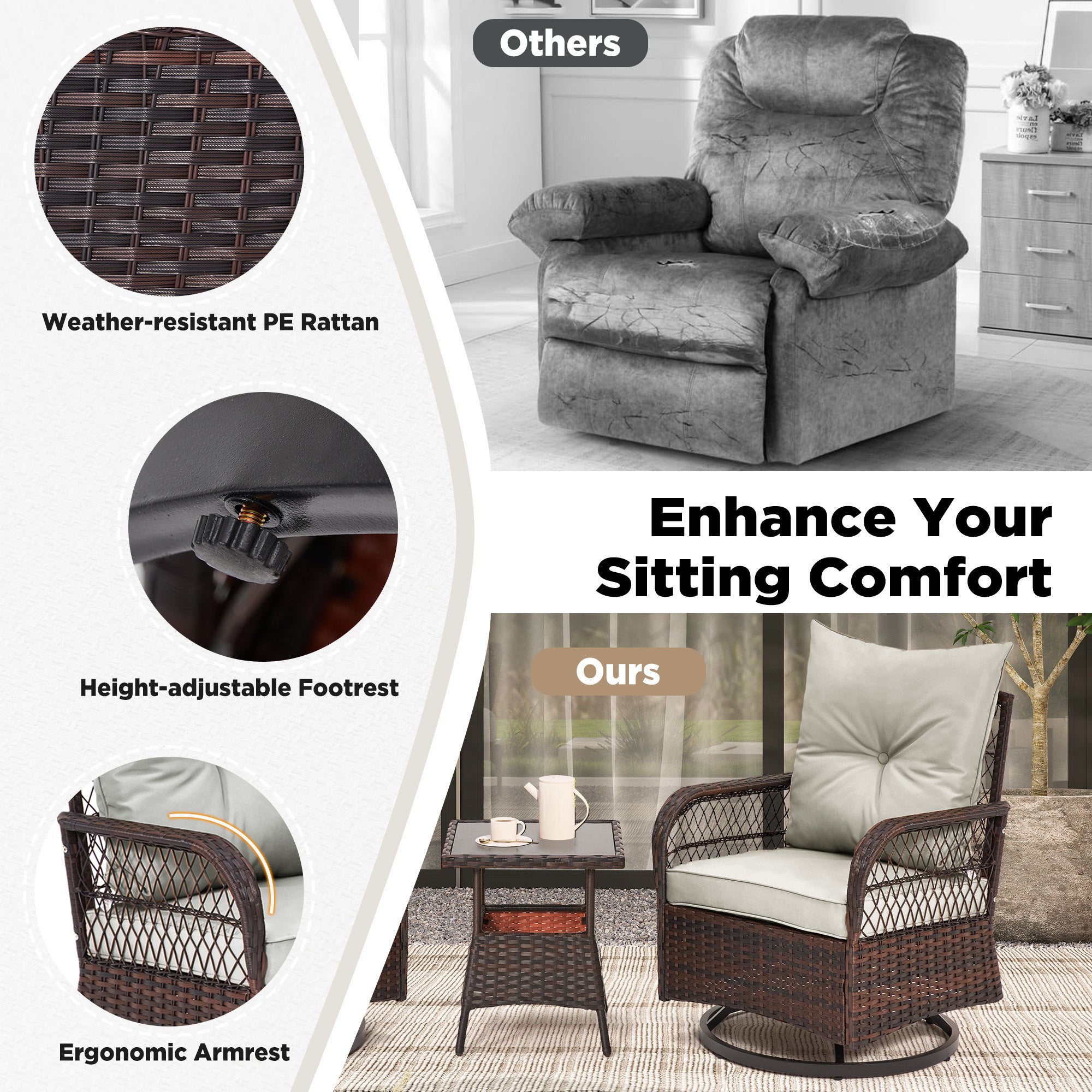 HOMREST 3-Piece Patio Swivel Rocker Set with Rattan Coffee Table for Lawn, Garden, Porch