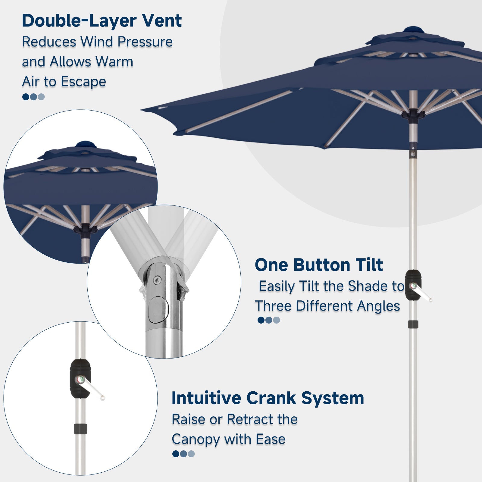 Homrest 9FT 3-Tier Aluminum Patio Umbrella, Fade-Resistant with Push Tilt, 8 Sturdy Aluminum Ribs,Navy Blue