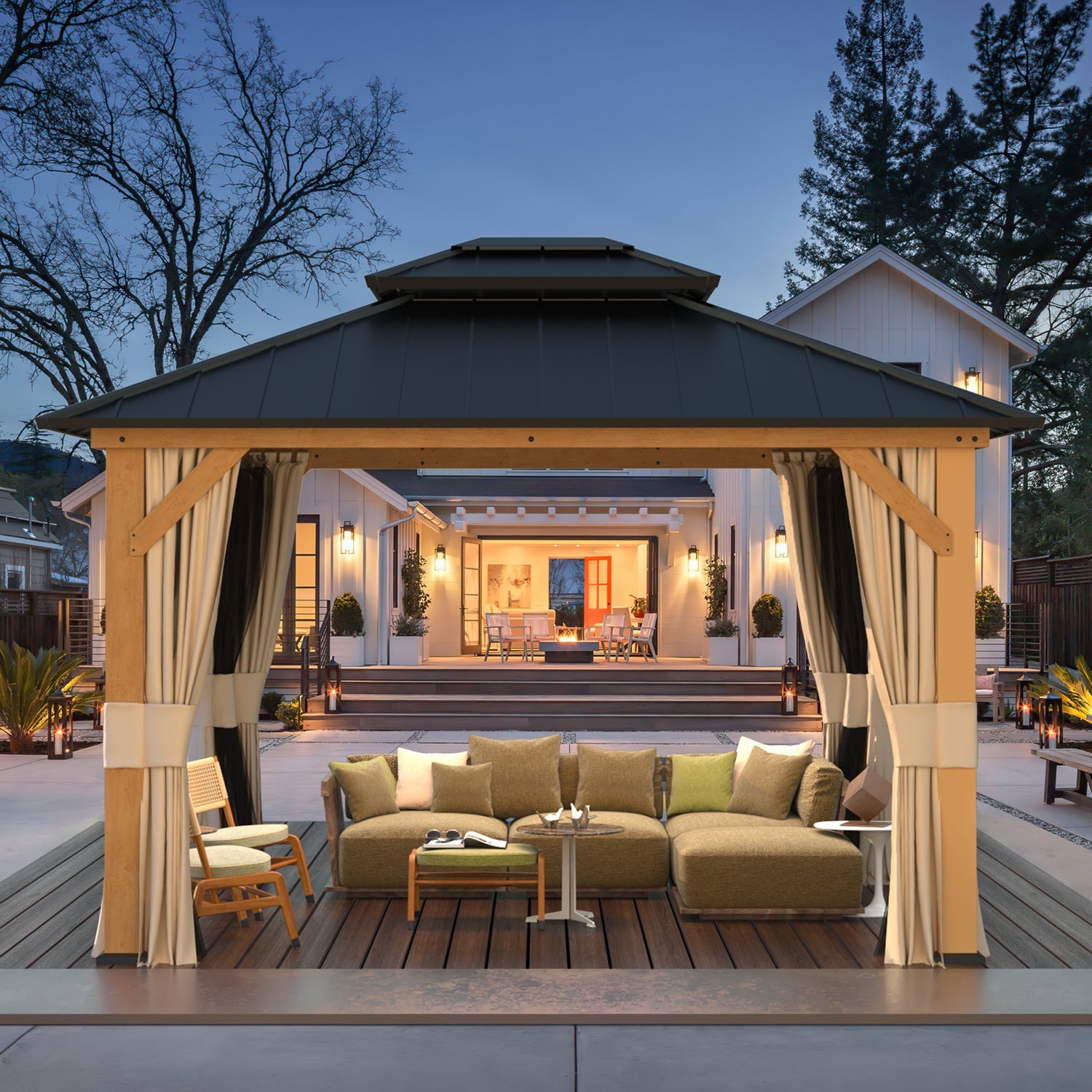 Homrest 11' x 13' Outdoor Cedar Wood Hardtop Gazebo w/ Double Metal Roof, Curtains & Nettings