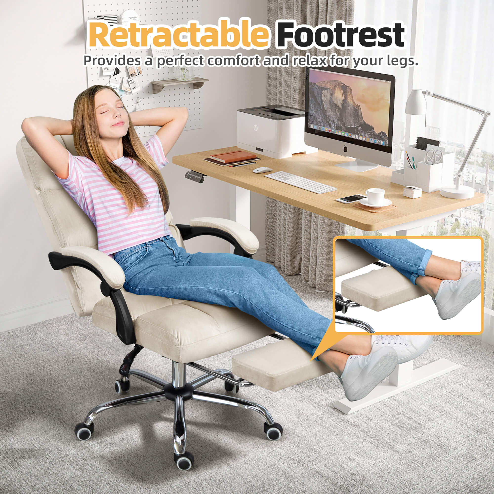Homrest Velvet Executive Office Chair with Footrest – Adjustable Recline, High Back Comfort