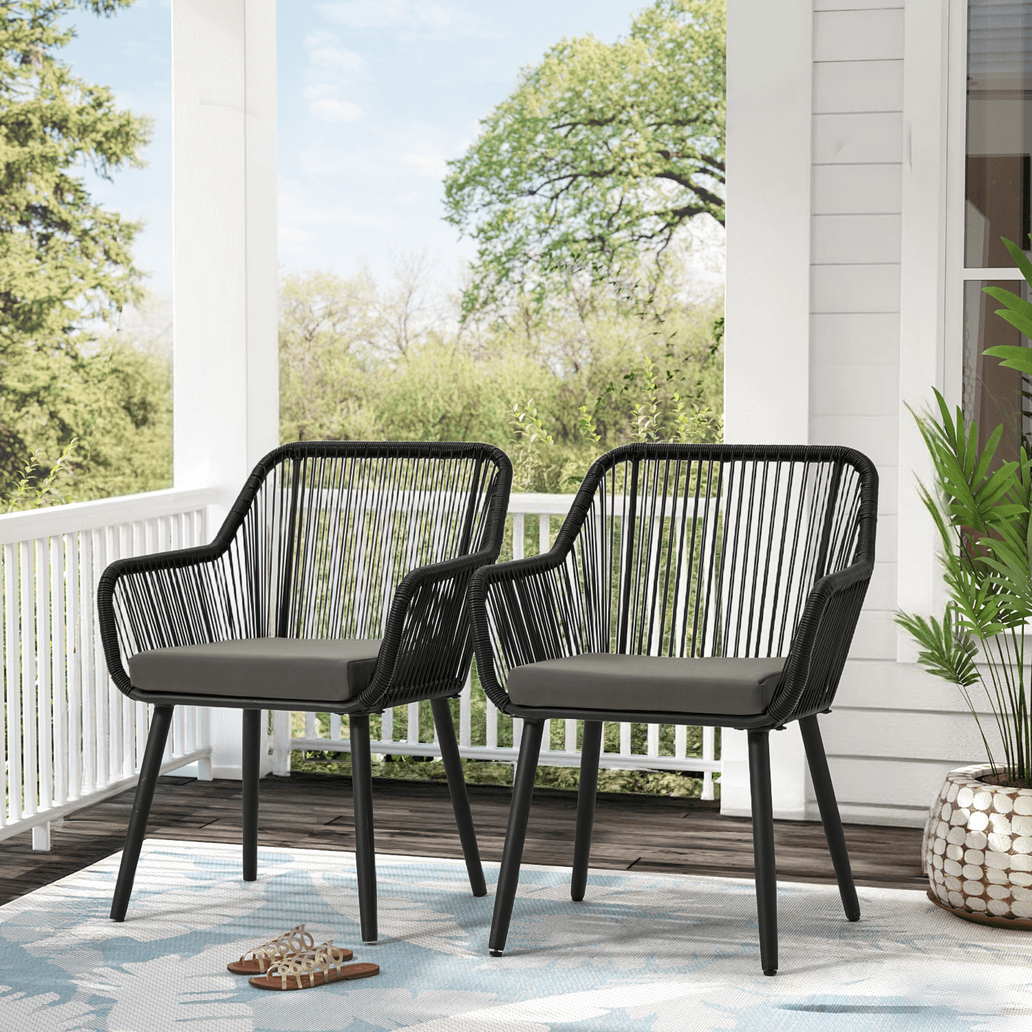 HOMREST Patio Wicker Dining Chairs Set of 2, Rattan Chairs w/ Cushions & Armrests, Grey/Black