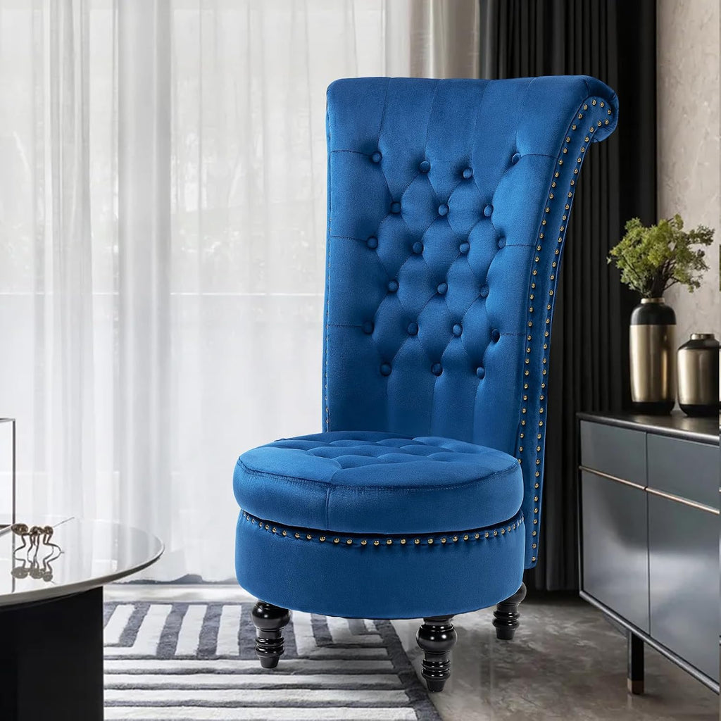 HOMREST High Back Throne Chair, Velvet Armless Royal Accent Chair w/Storage, Nailhead Trim & Rubberwood Legs for Living Room & Bedroom, Blue