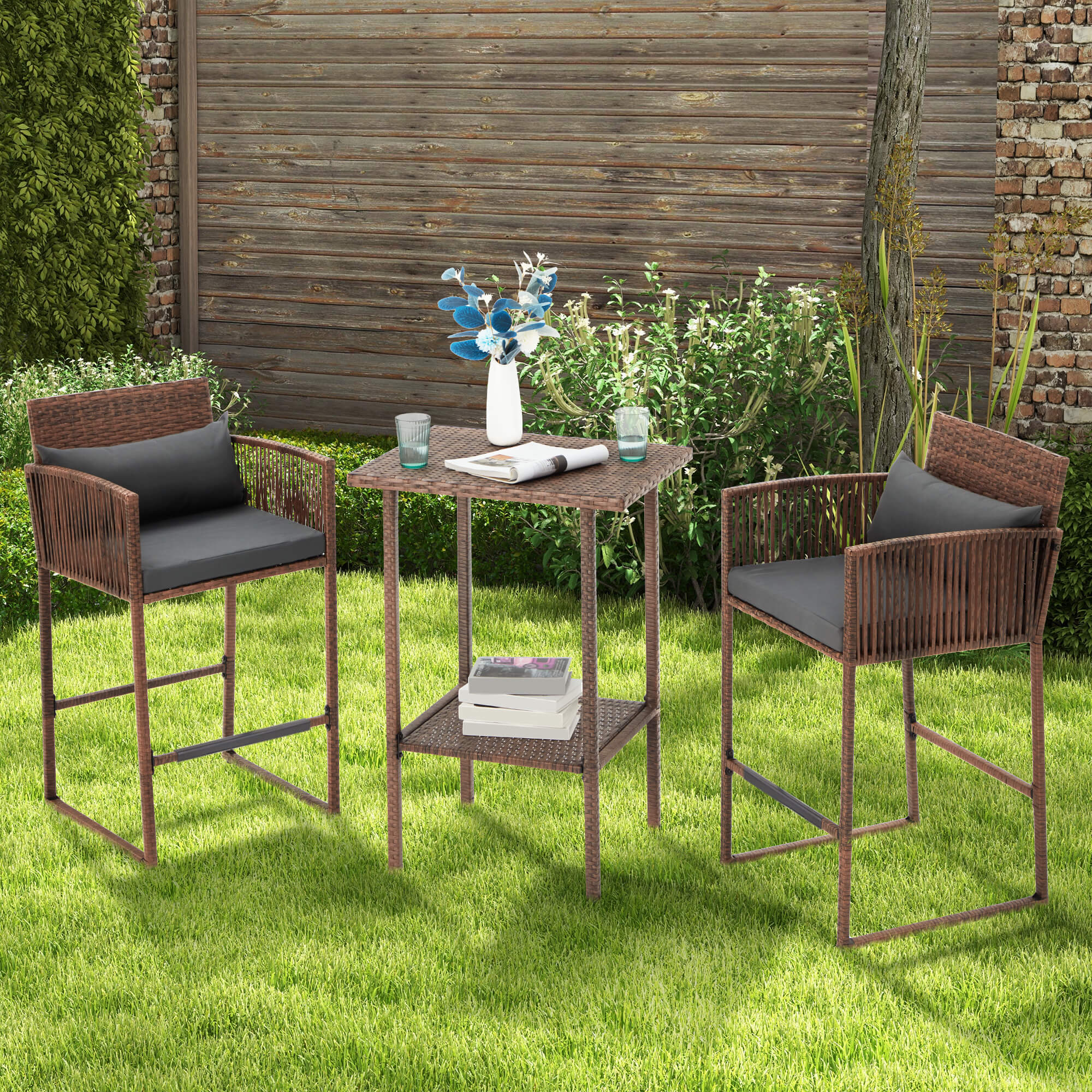HOMREST 3-Piece Patio Wicker Bar Set, Rattan Bar Table & Stools with Cushion Covers (Blue/Gray)