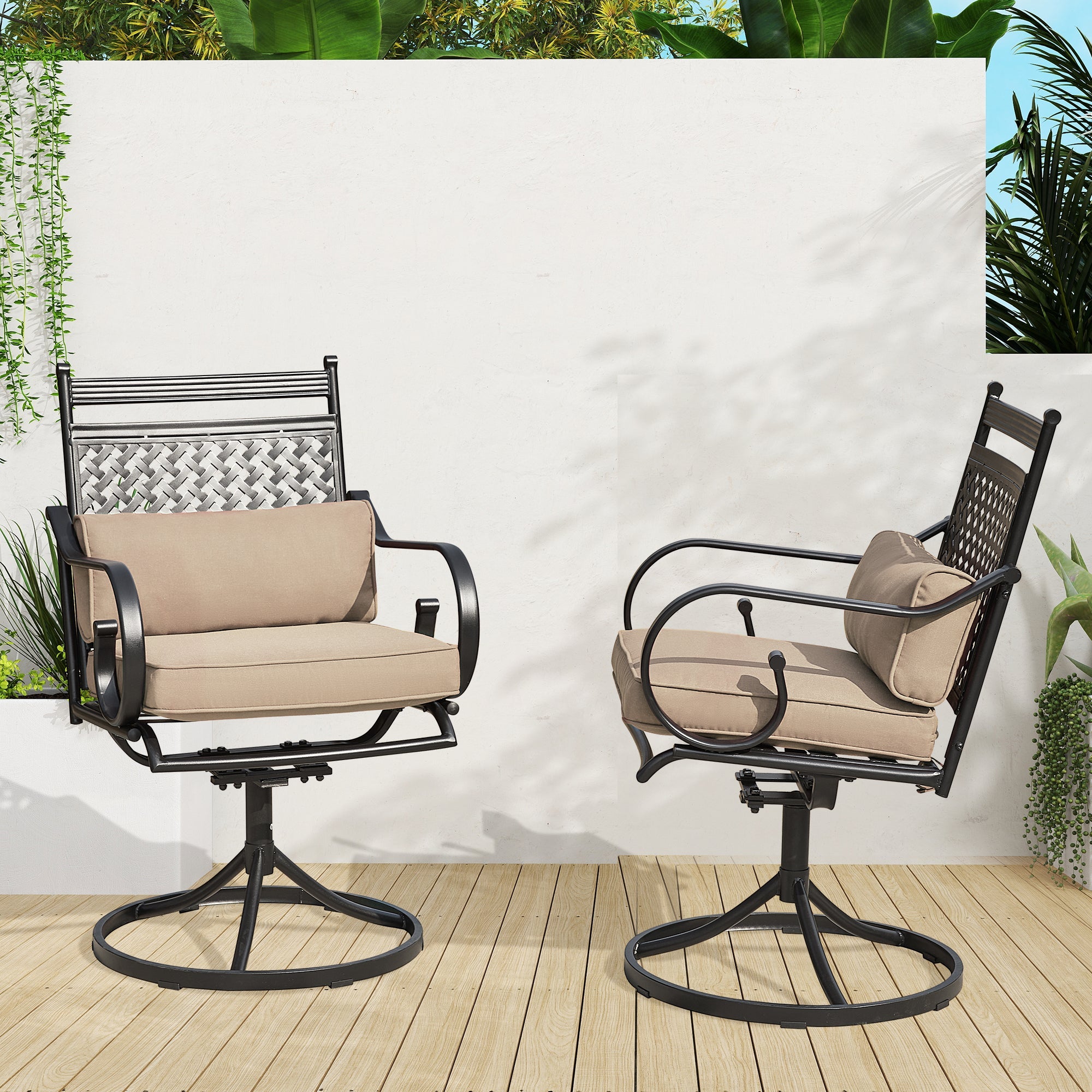 homrest Patio Swivel Chair Set of 2, Outdoor Dining Chairs with Cushions for Porch, Deck, and Garden, Khaki