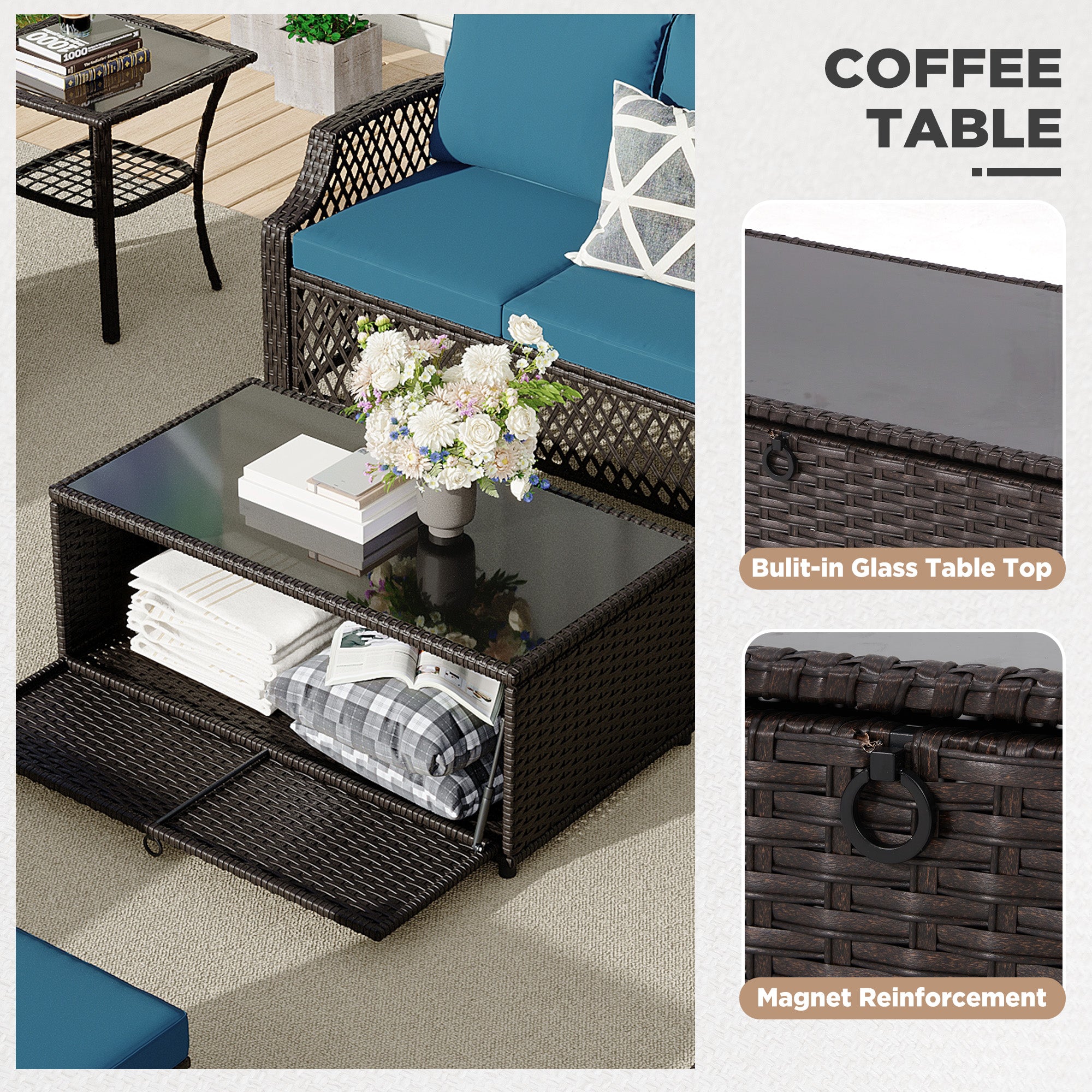 HOMREST 7 Piece Patio Furniture Set, Rattan Outdoor Sectional for Deck Backyard Porch (Turquoise)