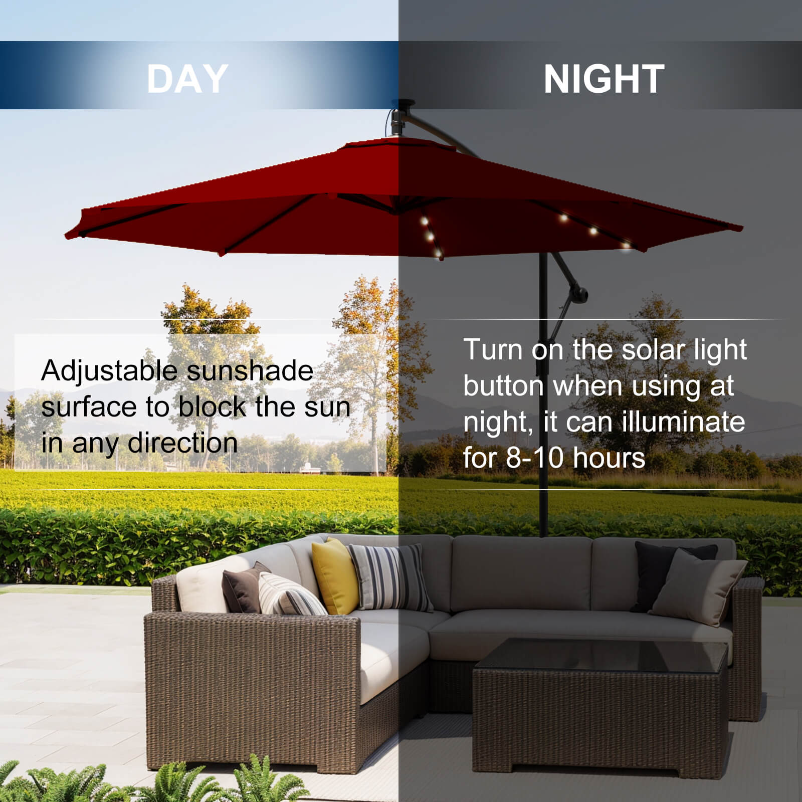 Homrest 10ft Solar Lighted Patio Umbrella, Infinite Tilt, Crank and Cross Base, Burgundy