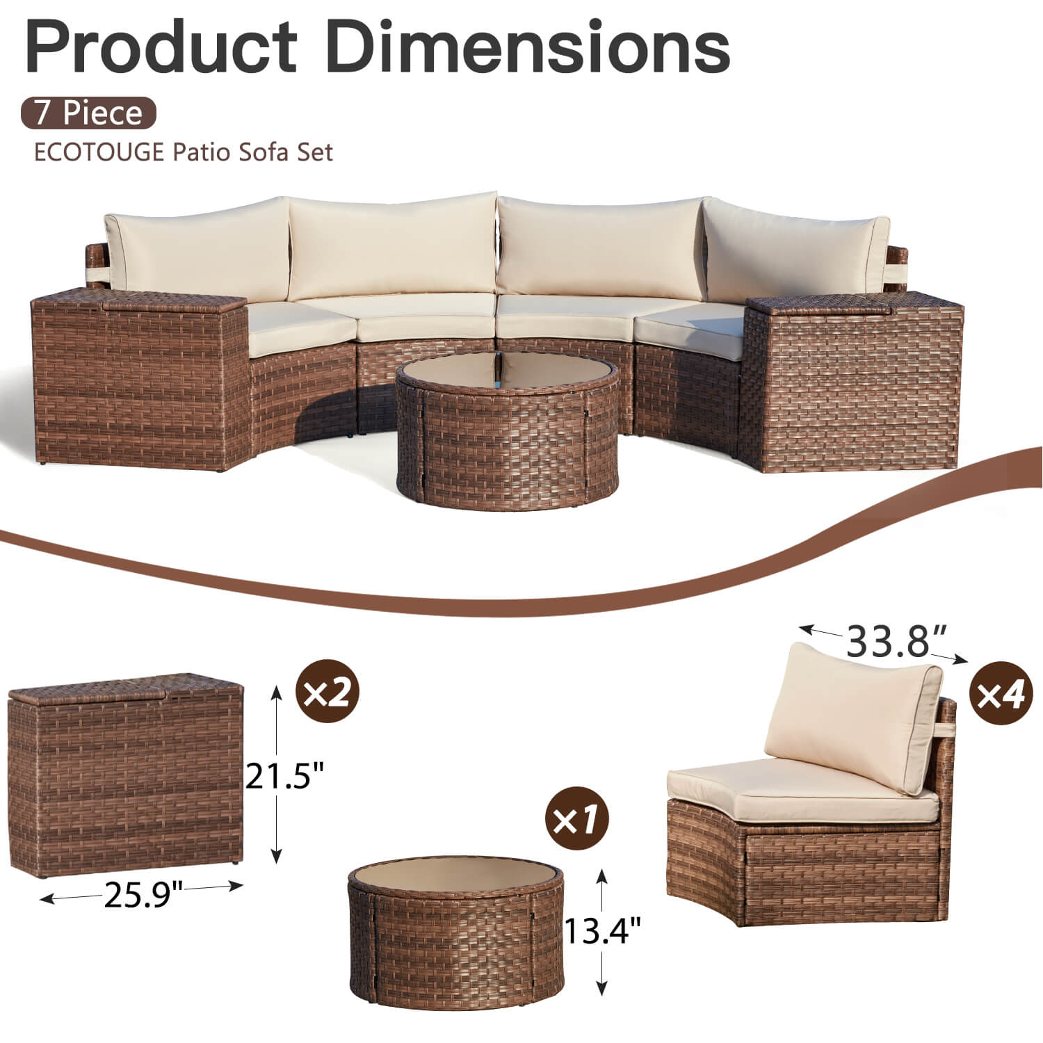 HOMREST Outdoor Patio Furniture Set, 7-Piece Half-Moon Wicker Patio Sofa Set with Storage Table, Brown & Beige