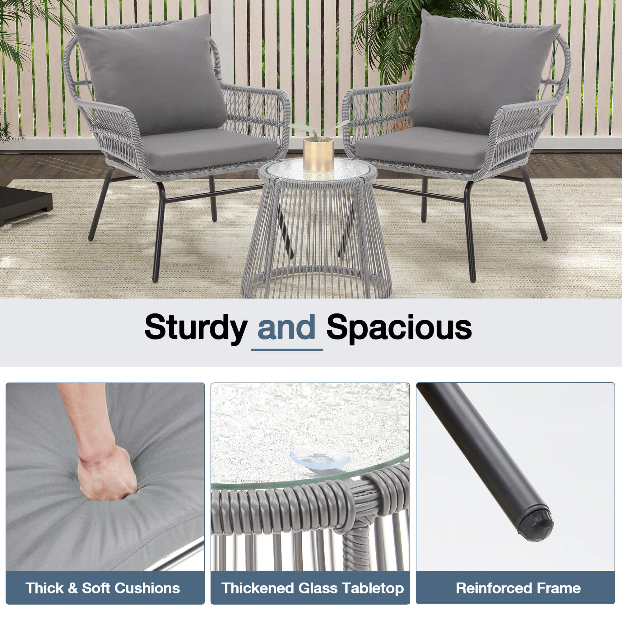 HOMREST 3-Piece Patio Bistro Set with Glass Top Table & 2 Ergonomic Armchairs, Black, Gray