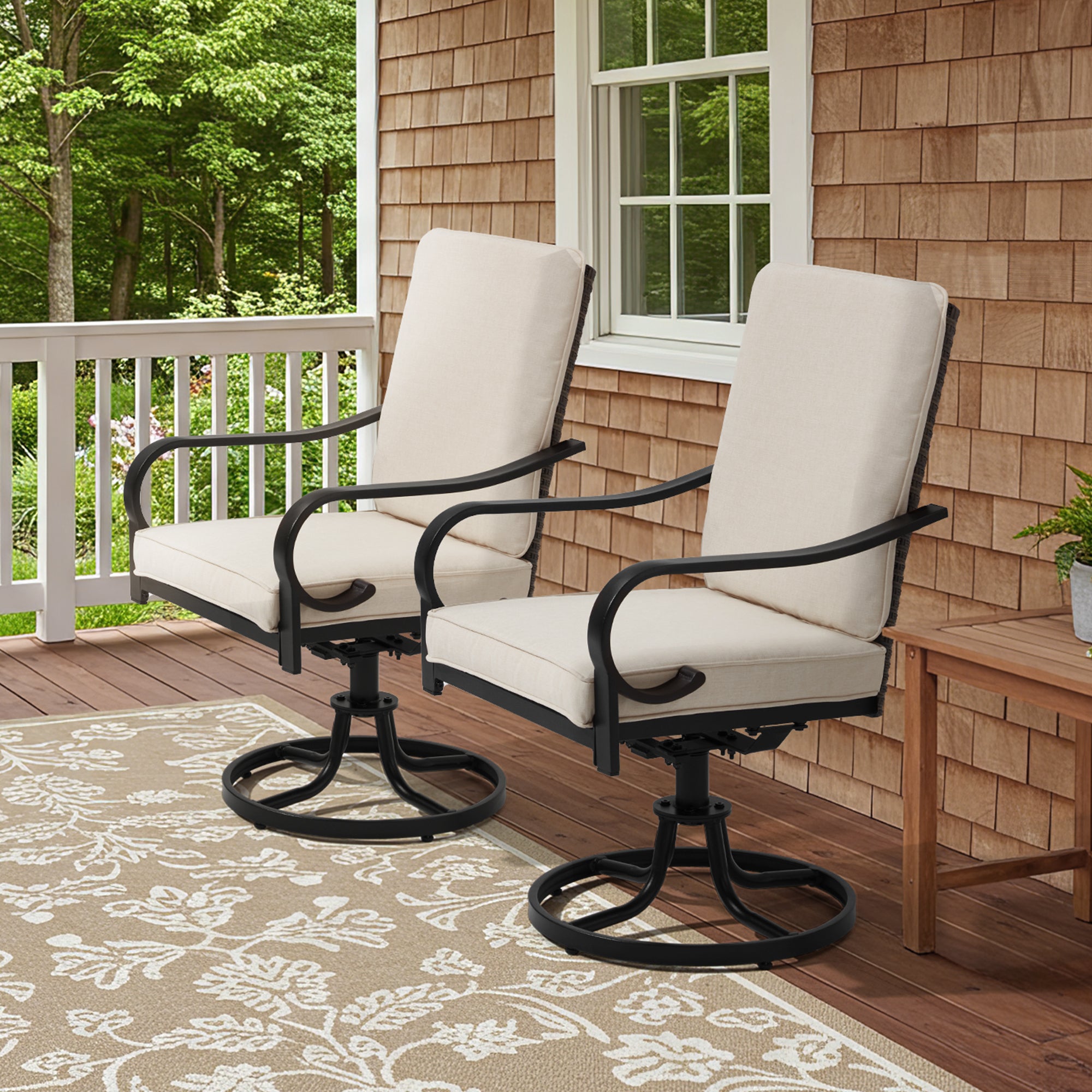 HOMREST Patio Swivel Chairs Set of 2 with Full Rattan Backrest, Beige