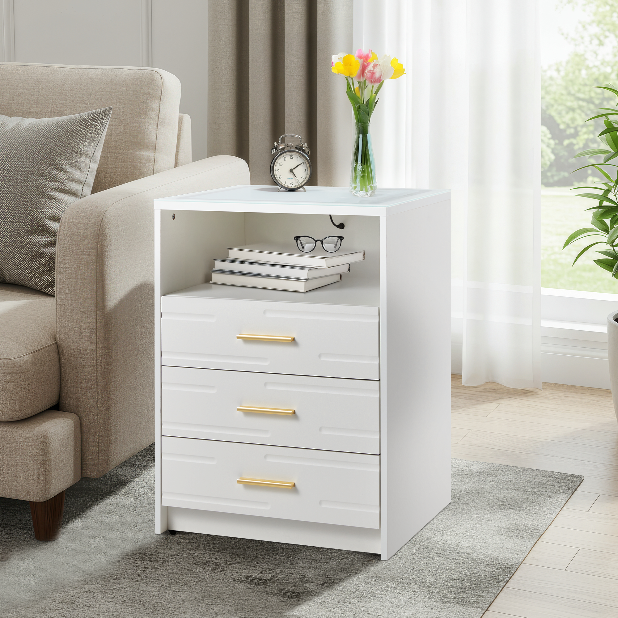 HOMREST LED Nightstand with Wireless Charging, Smart Bedside Table with Drawers & Adjustable LED Lights, White