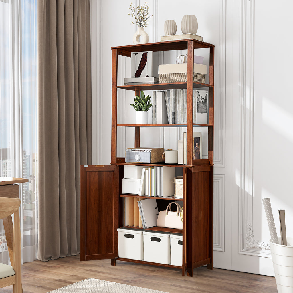 HOMREST Rattan Bookcase with cabinet, Heavy Duty Freestanding Bookcase With Storage Open Display, Walnut Brown