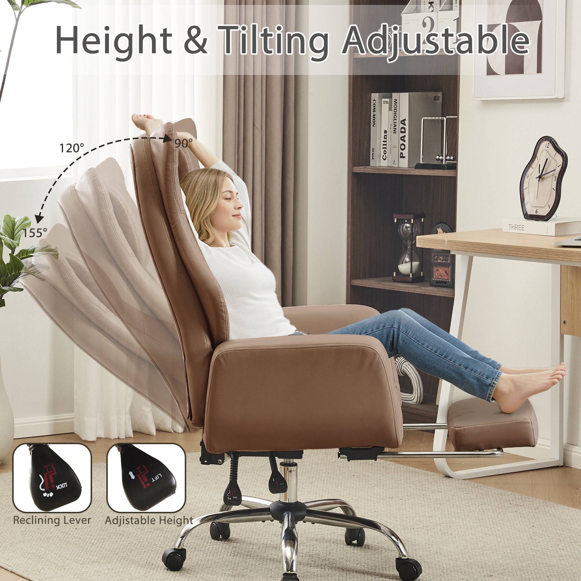 HOMREST Ergonomic Cross Legged Office Chair with Footrest,Big and Tall Leather Executive Chair with Reversible Armrest,Lumbar Pillow and Wheels,155° Reclining Computer Wide Desk Chair for Home,Office (Brown)
