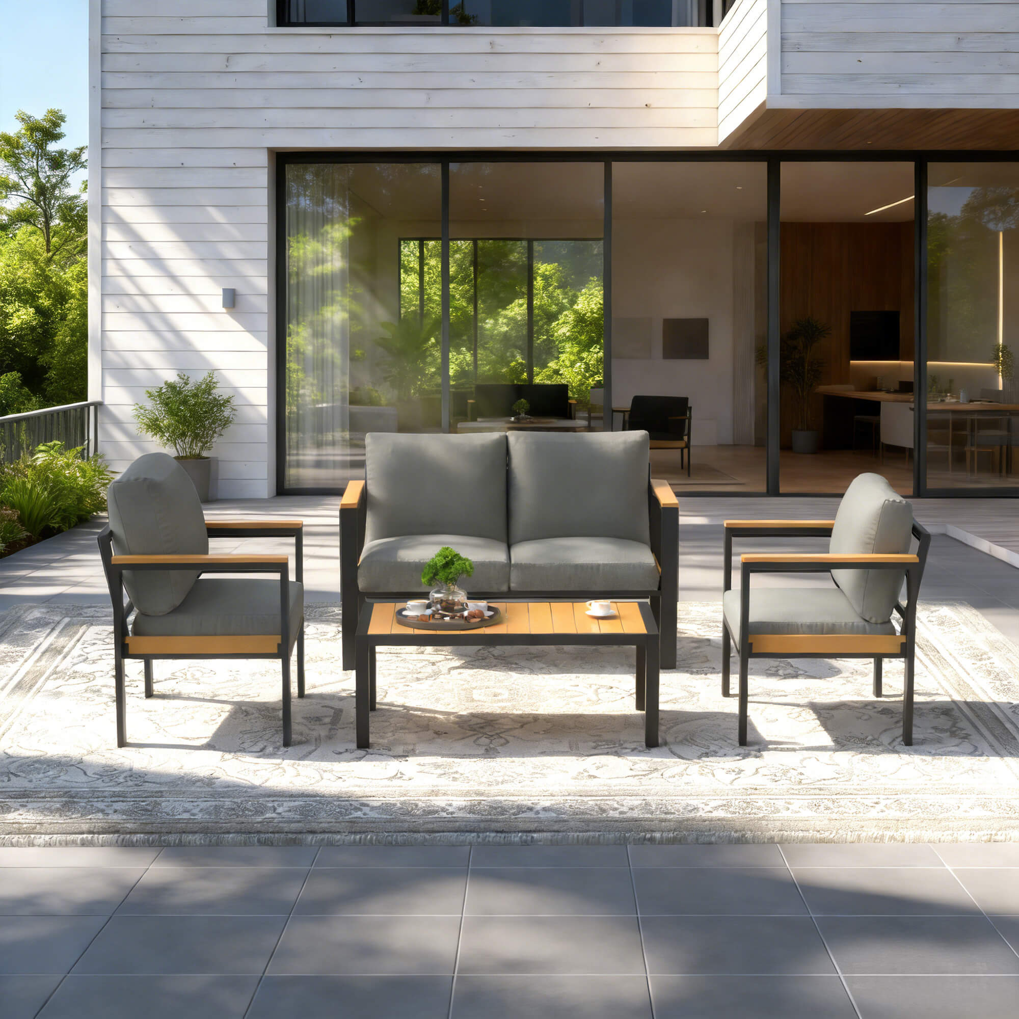 HOMREST 4 Piece Patio Furniture Set, Metal Patio Conversation Set with Coffee Table, All-Weather Outdoor Furniture, Gray