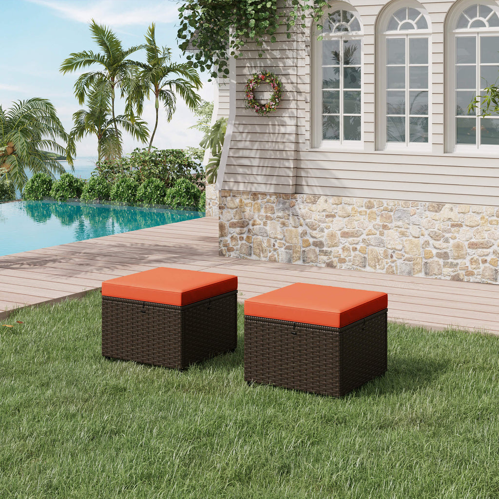 HOMREST 2 Piece All-Weather Outdoor Wicker Ottoman, Patio Footrest & Extra Seat with Thick Cushion (Orange)