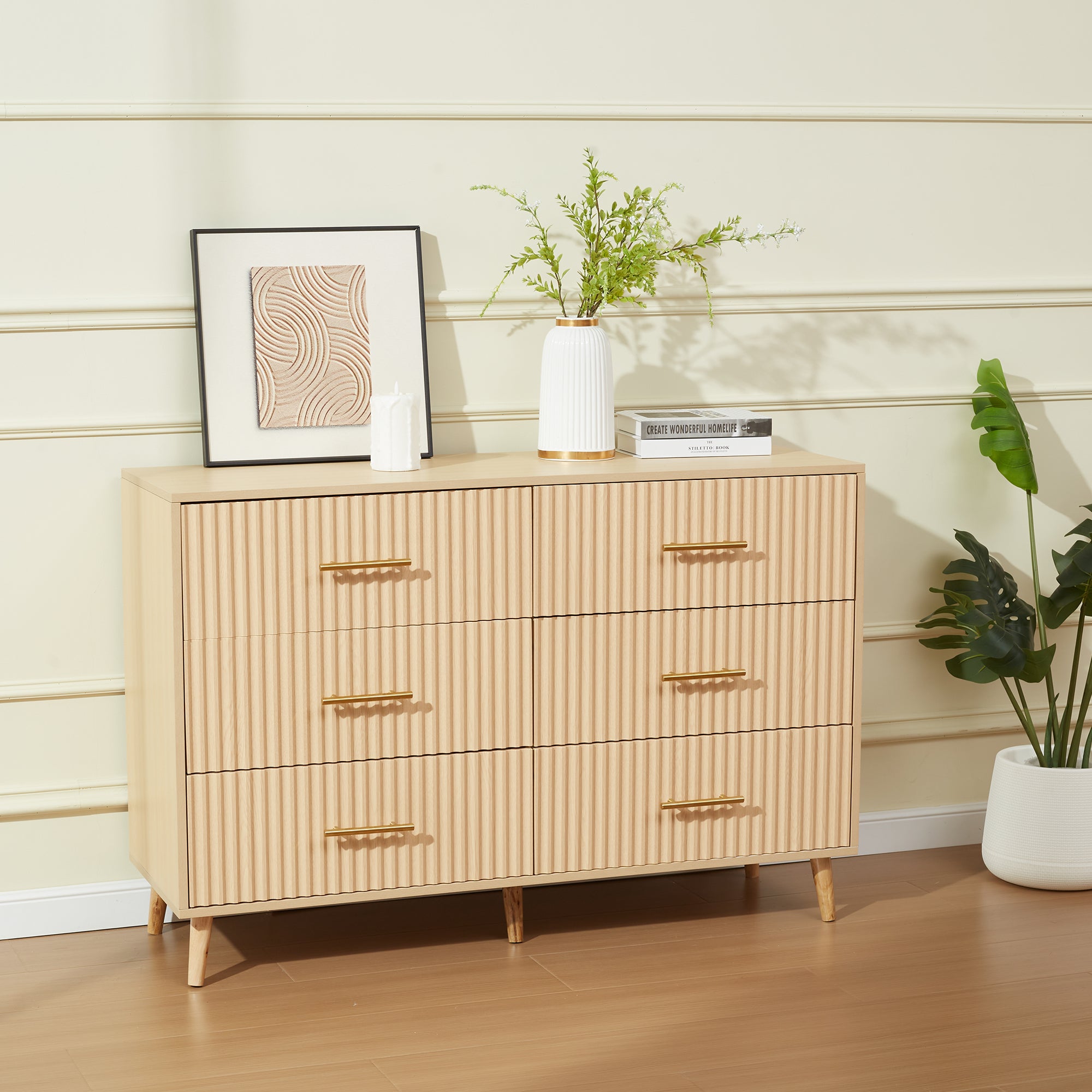 HOMREST 6 Drawer Dresser Modern Dresser Chest of Drawers with Fluted Panel