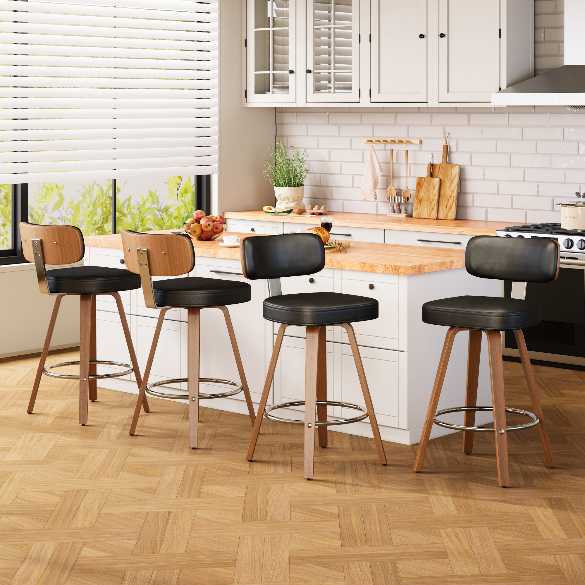 HOMREST Swivel Upholstered Counter & Bar Stool With Curved Back, Mid Century Modern Bar Chair With Solid Wood Frame And Metal Footrest (set Of 2), Black