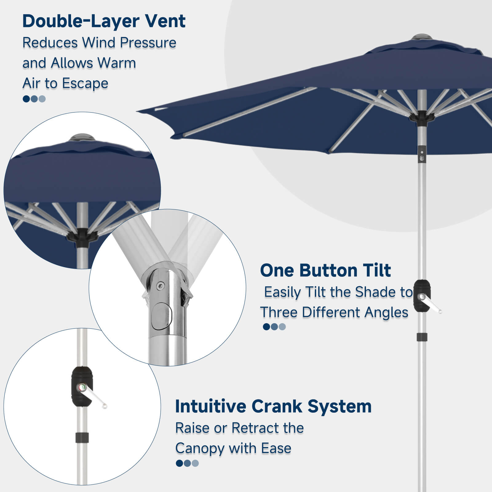 Homrest 9FT Aluminum Patio Umbrella, Fade-Resistant with Push Tilt, 8 Sturdy Aluminum Ribs Navy Blue