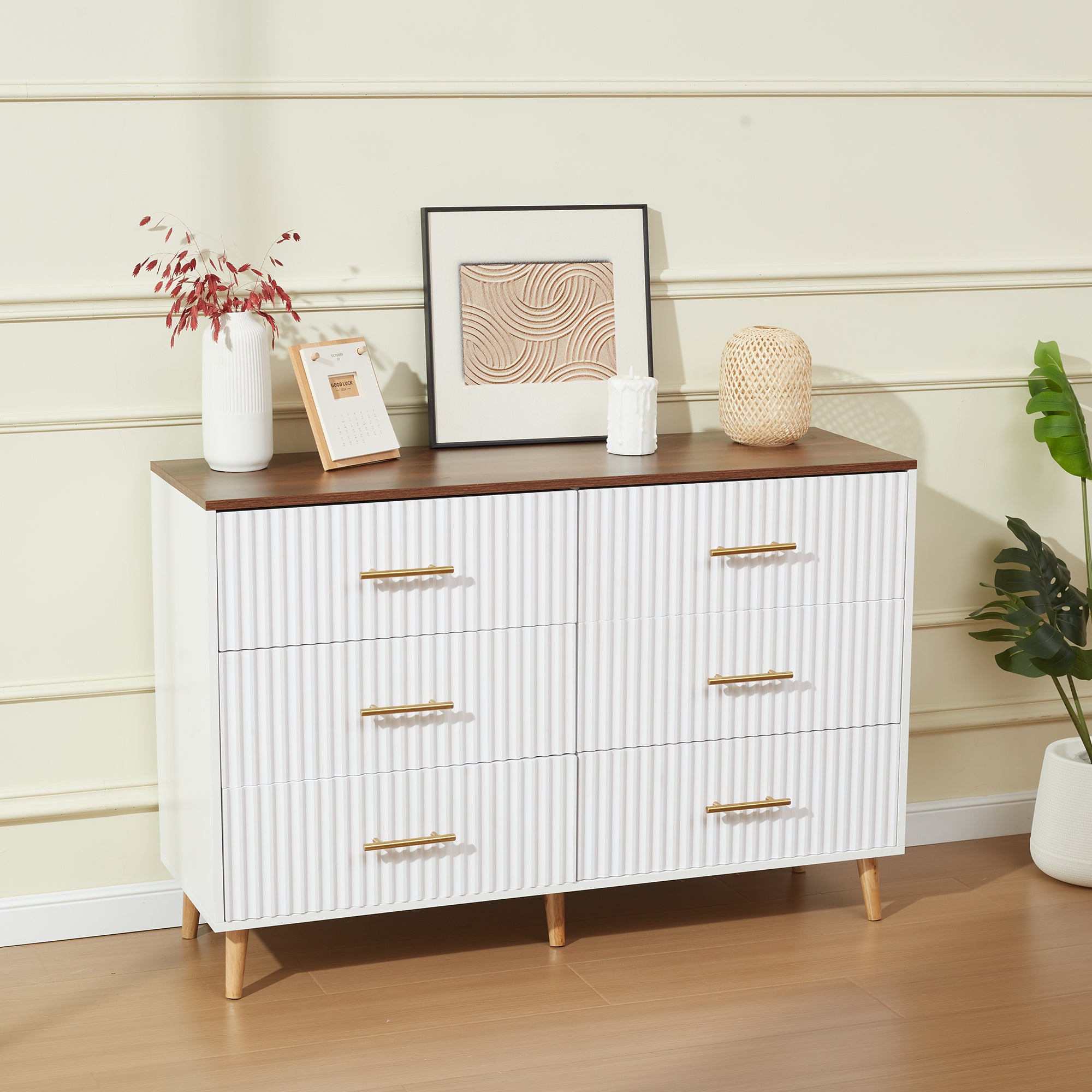HOMREST 6 Drawer Dresser Modern Dresser Chest of Drawers with Fluted Panel, White