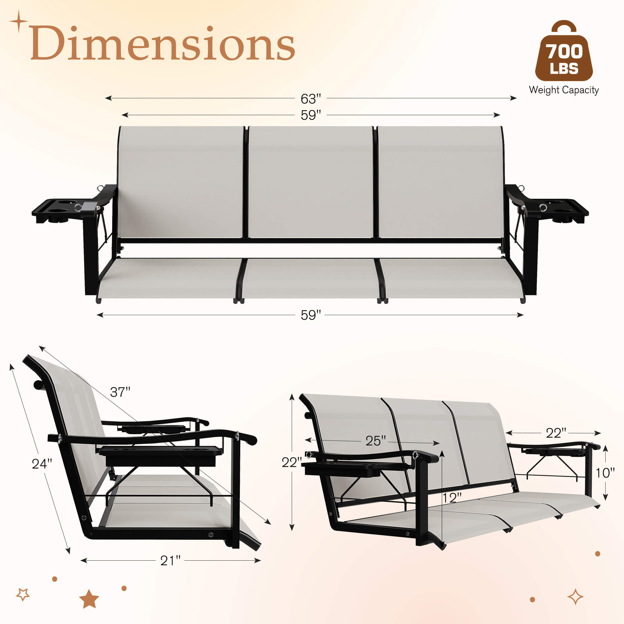 HOMREST Textilene 3 Seat Porch Swing with Cup Holder, 5.3FT Patio Hanging Swing Bench with with Hanging Chains, 700 LBS Capacity, Beige