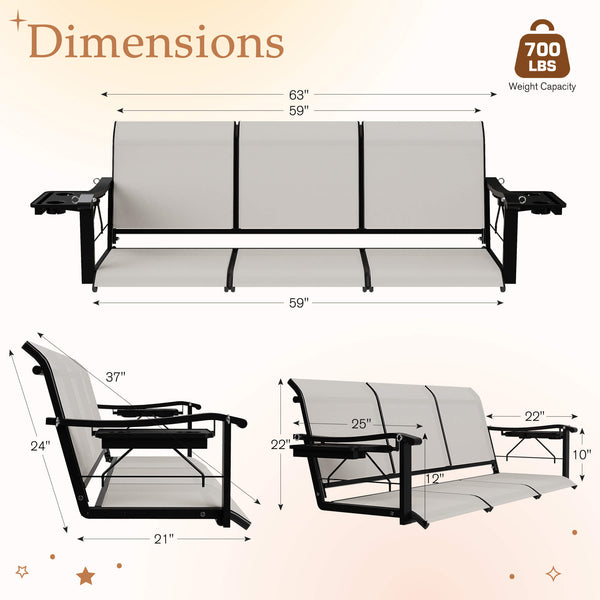 HOMREST Textilene 3 Seat Porch Swing with Cup Holder, 5.3FT Patio Hanging Swing Bench with with Hanging Chains, 700 LBS Capacity, Beige