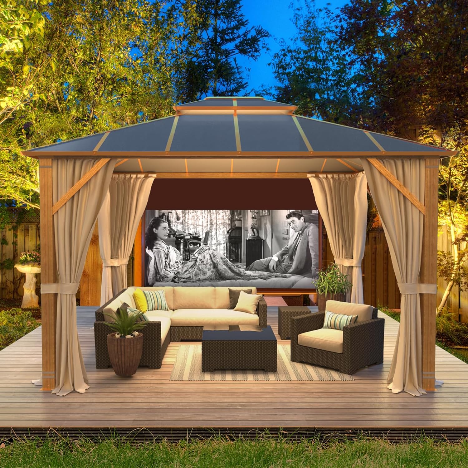Homrest 10X12 Gazebo Outdoor Double Roof Aluminum Composite Canopy Aluminum Frame Pavilion with Curtains and Netting