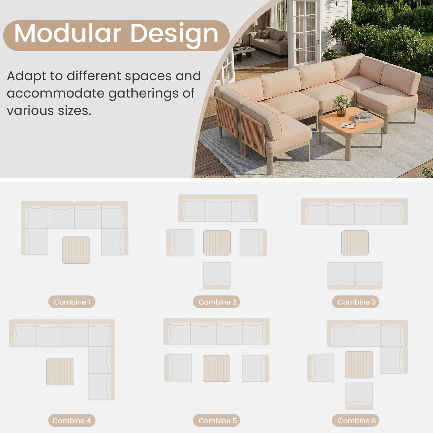 HOMREST 7 Pieces Patio Sectional Furniture Set, Aluminum Frame Outdoor Conversation Set with 6" Thick Cushions & Coffee Table, Beige