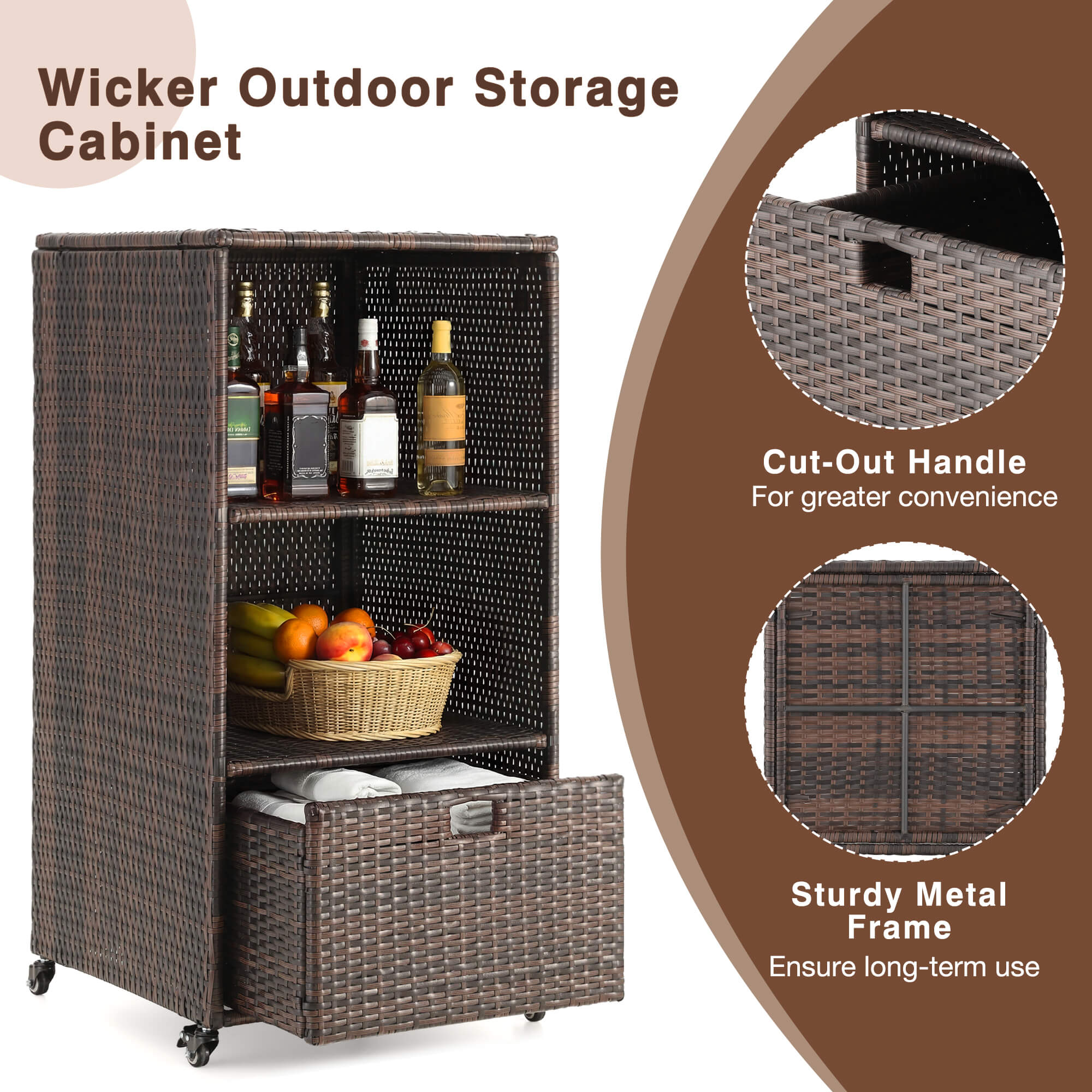 HOMREST Outdoor Pool Towel Rack with Storage Cabinet, Waterproof PE Rattan Wicker Poolside Towel Organizer with Shelves & Drawer, Rolling Wheels Towel Valet Caddy, Brown