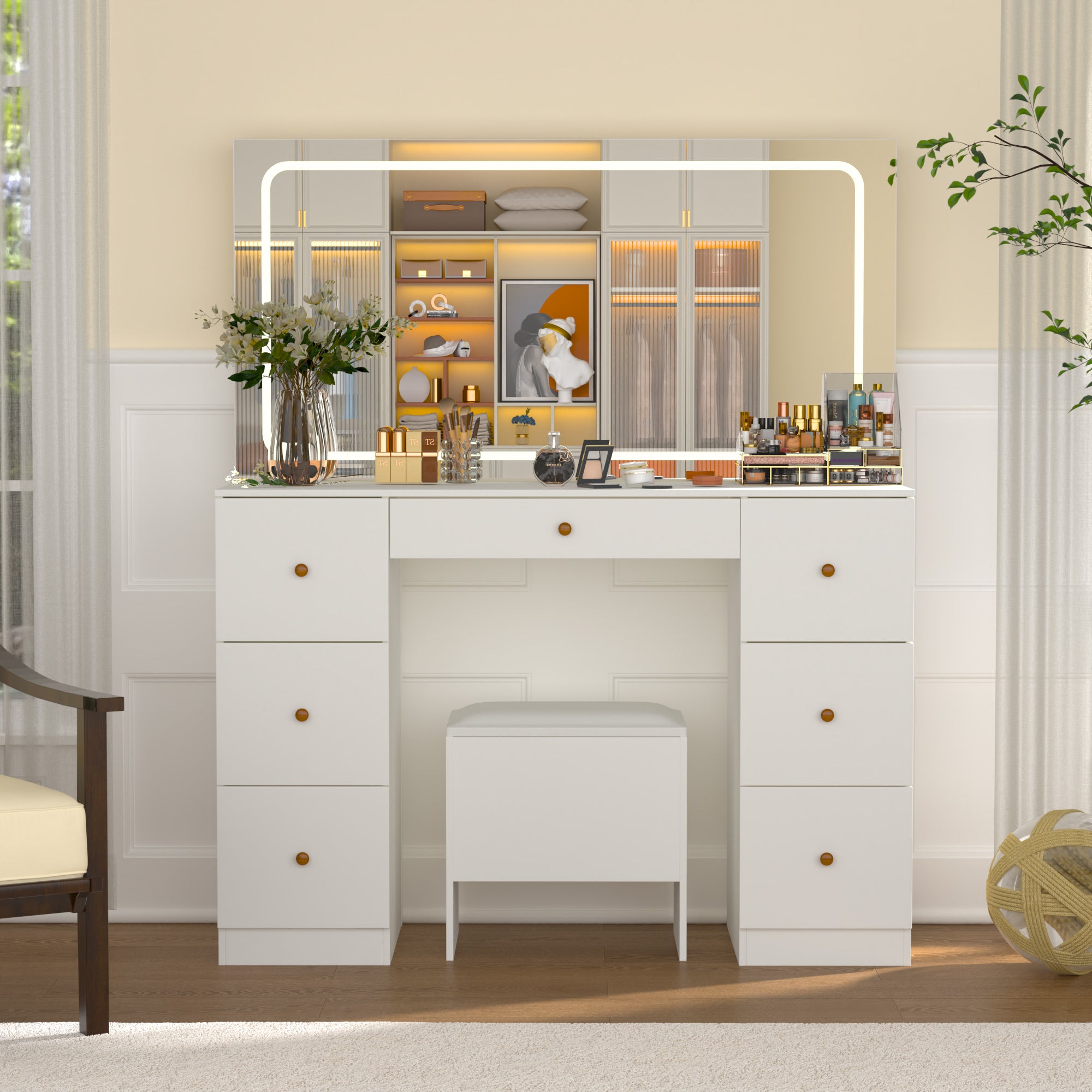 Homrest Modern Makeup Vanity Desk With Stool, USB & Power Outlet, Large Vanity Desk With Led Lighted Mirror & Charger Station , 7 Drawers Vanity Table With Cushioned Stool, White