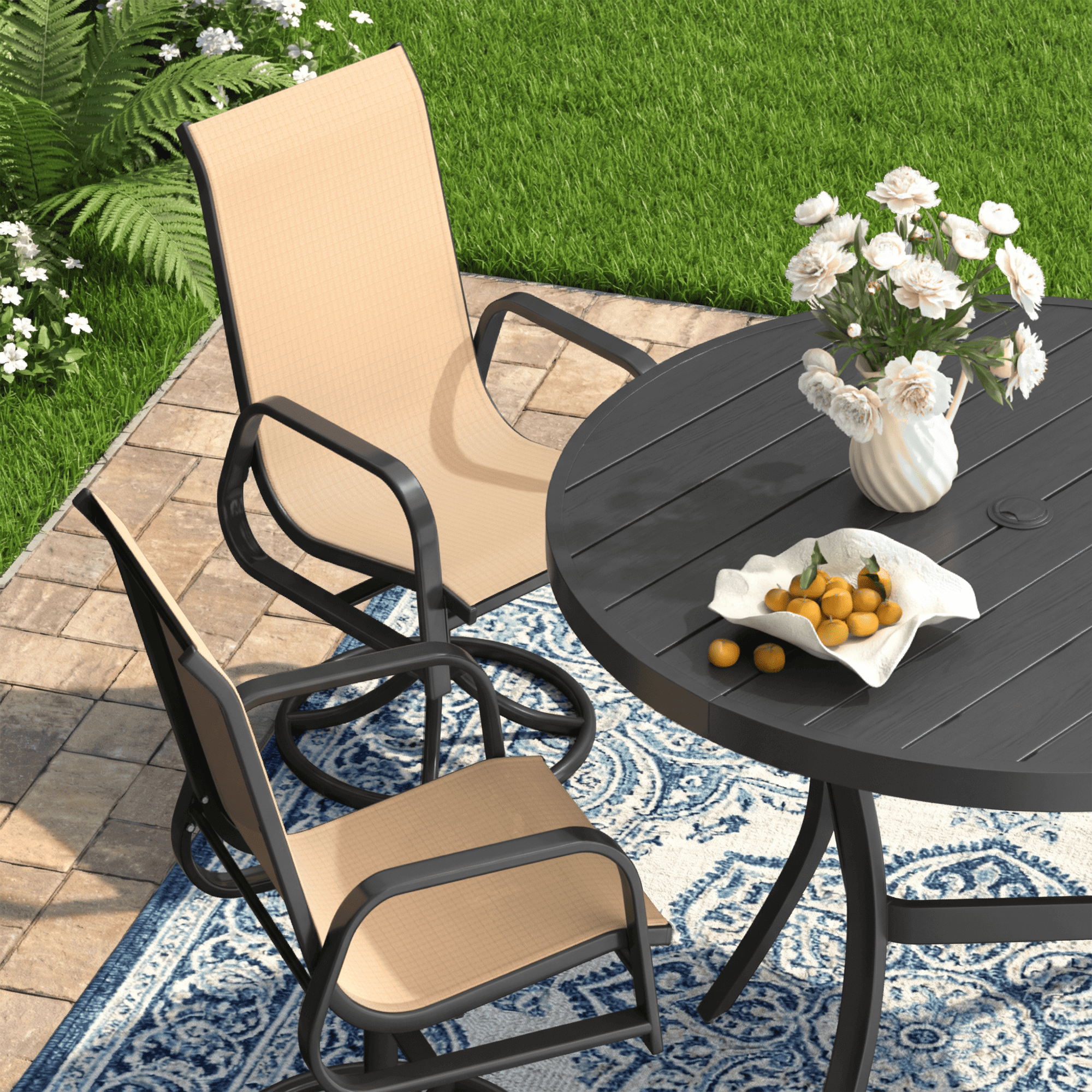 HOMREST 360° Swivel Dining Chairs Set of 4, Padded Textilene & Metal Frame, Brown