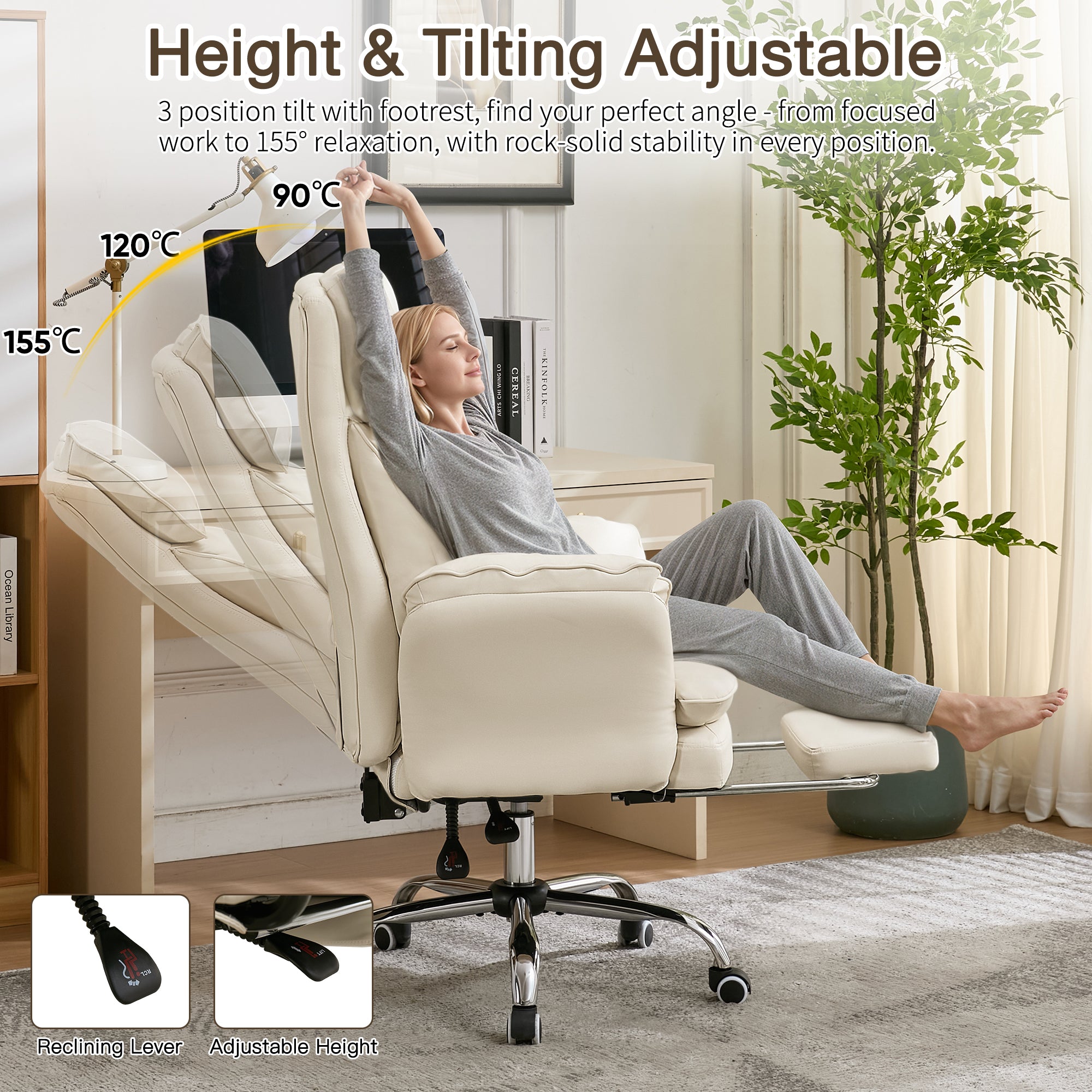 HOMREST Cloud Cross Legged Office Chair with Footrest,Leather Big and Tall Executive Ergonomic Chair,155° Reclining Computer Wide Desk Chair, Beige