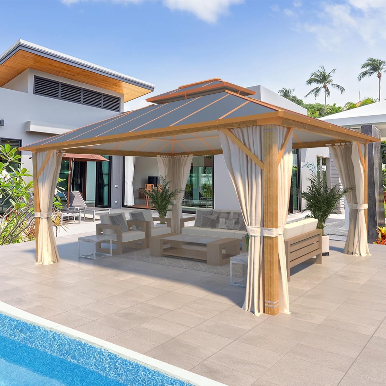 Homrest 12' x 14' Gazebo Outdoor Double Roof Aluminum Composite Canopy Aluminum Frame Pavilion with Curtains and Netting