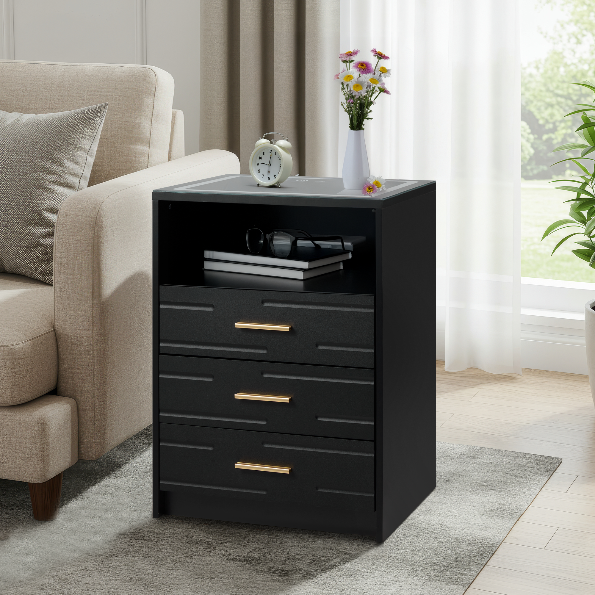 HOMREST LED Nightstand with Wireless Charging, Smart Bedside Table with Drawers & Adjustable LED Lights, Black