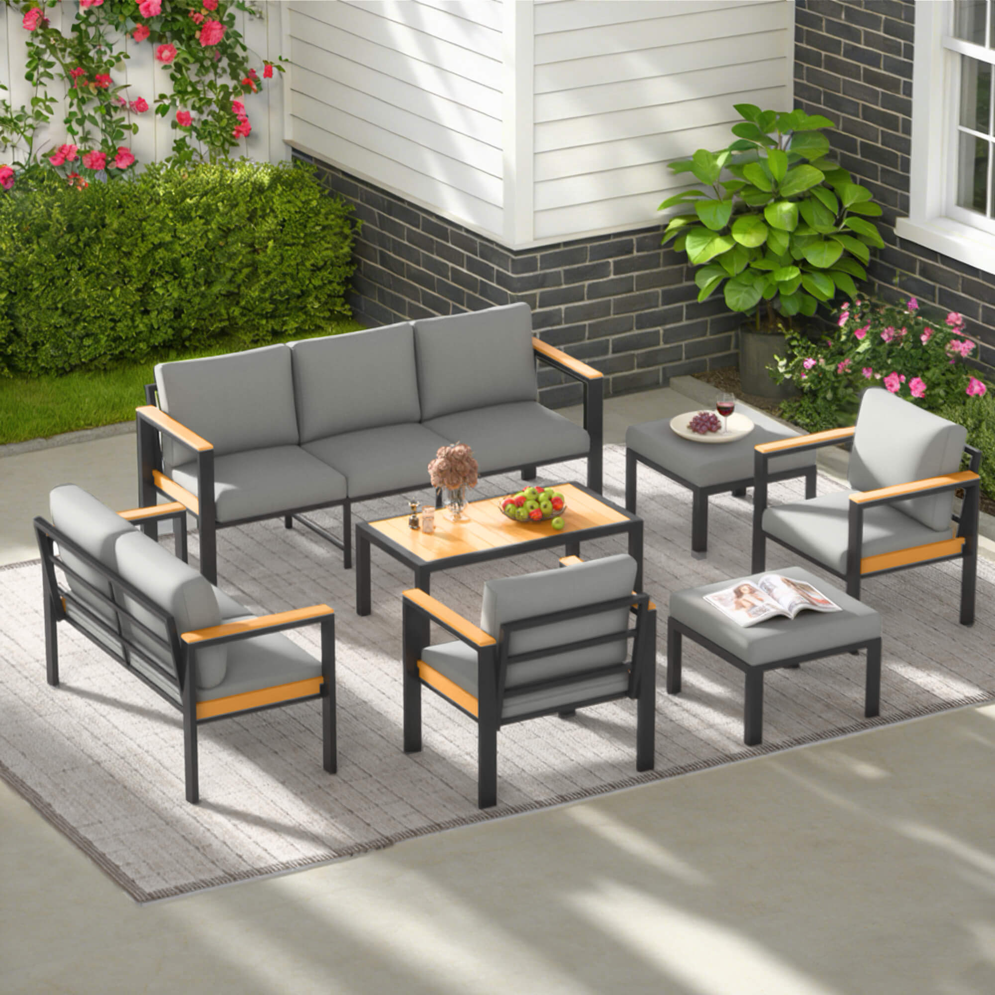HOMREST 7 Piece Patio Furniture Set, Metal Patio Conversation Set with Coffee Table, All-Weather Outdoor Furniture, Gray