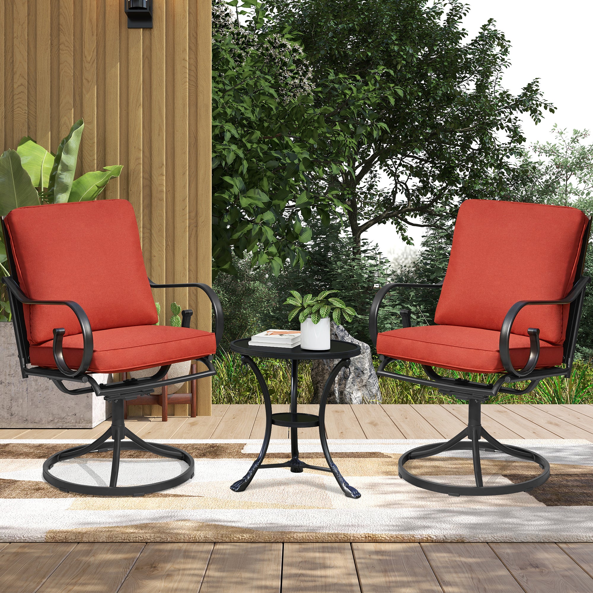HOMREST  Patio Swivel Chair Set of 2, Outdoor Dining Chairs with Cushions, Red