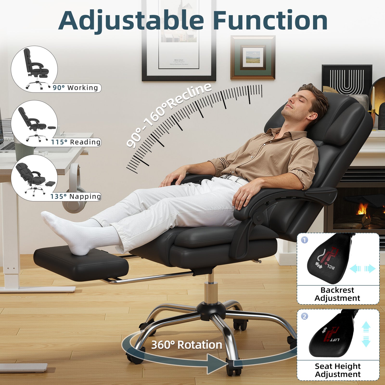 HOMREST 6-Point Massage Office Chair with Heat, Ergonomic Reclining Desk Chair with Footrest, PU Leather Executive Chairs for Home Office, Massaging Computer Chair Gift for Men, Black
