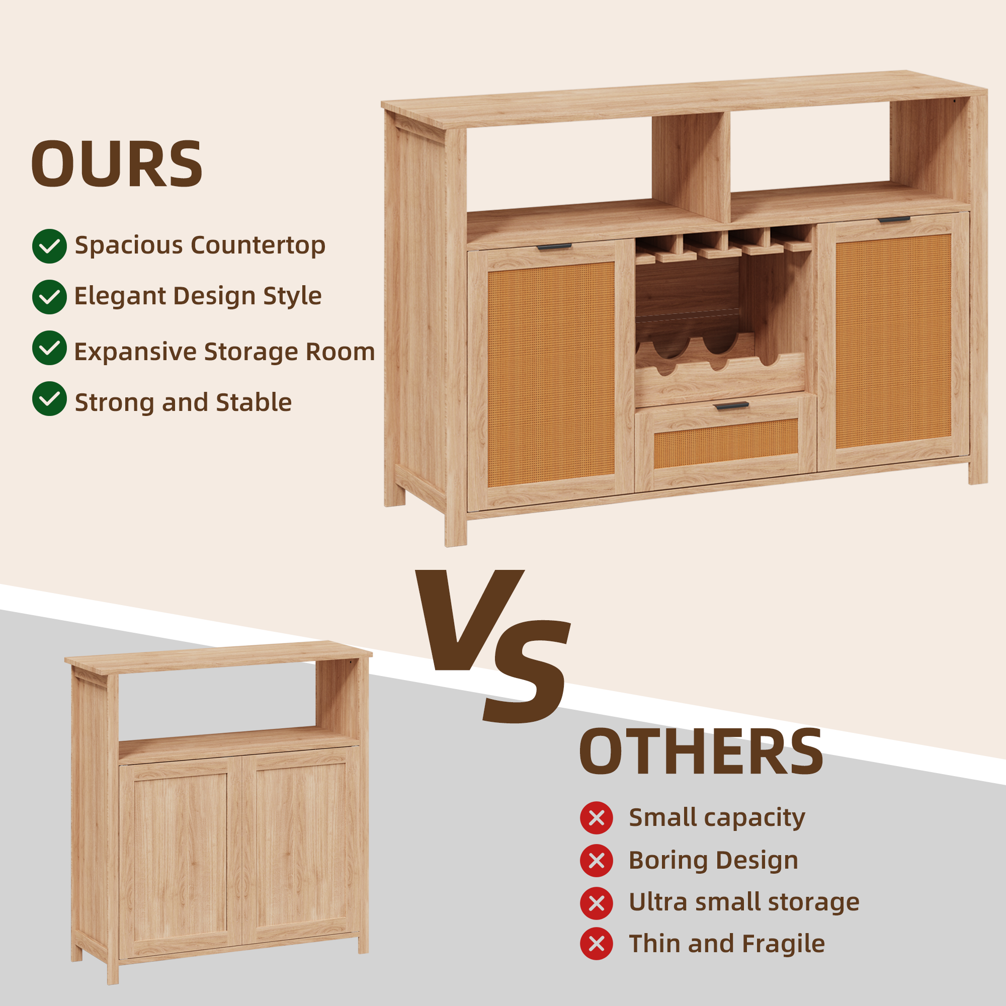 HOMREST Farmhouse Bar Cabinet with Storage, Wine Racks and Drawers for Dining Room and Living Room,Beige