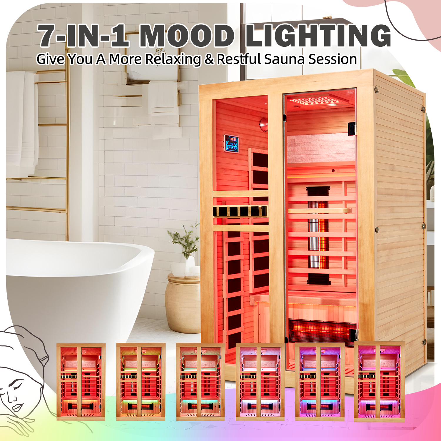 HOMREST 2 Person Infrared Sauna with Red Light Therapy, Himalayan Salt, Full Spectrum Heating & Chromotherapy