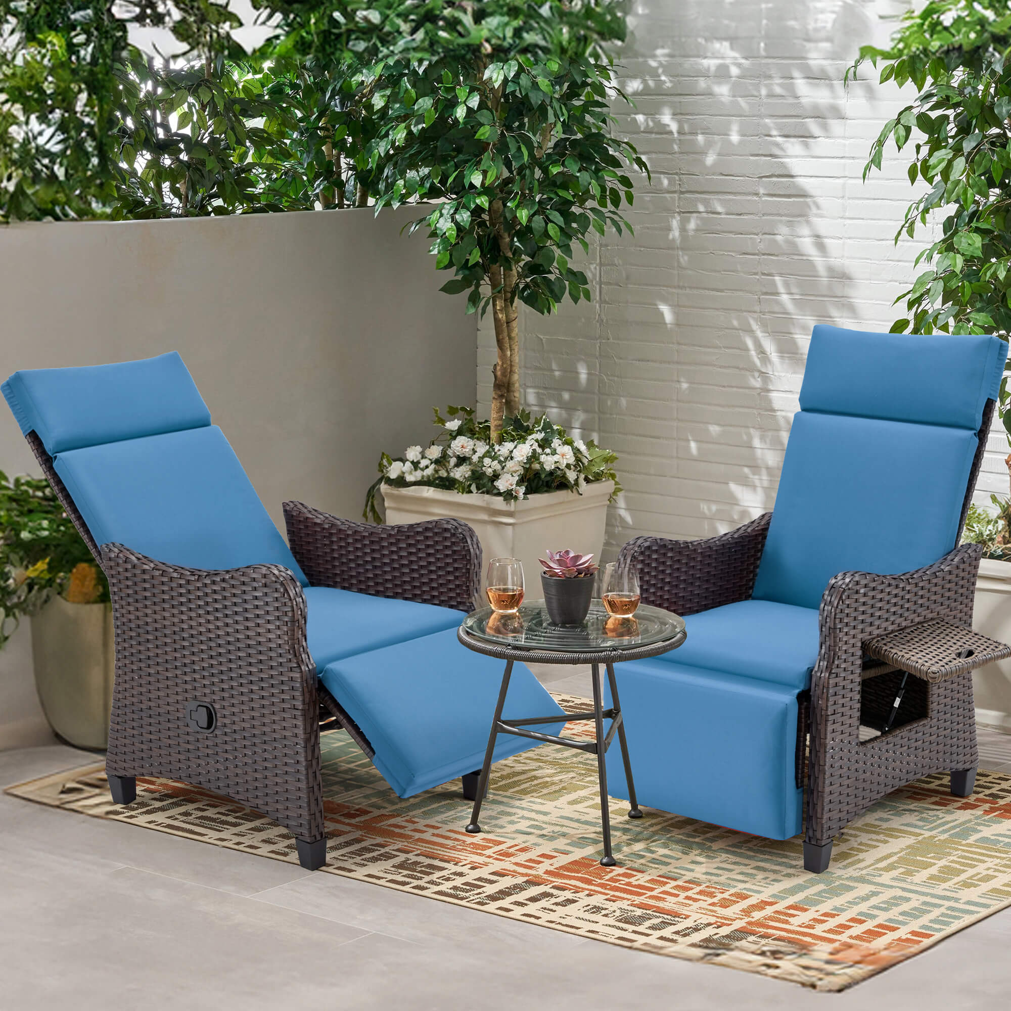 Homrest Outdoor Recliner Chair with Flip-up Table & Removable Cushion for Patio Deck Backyard, Blue