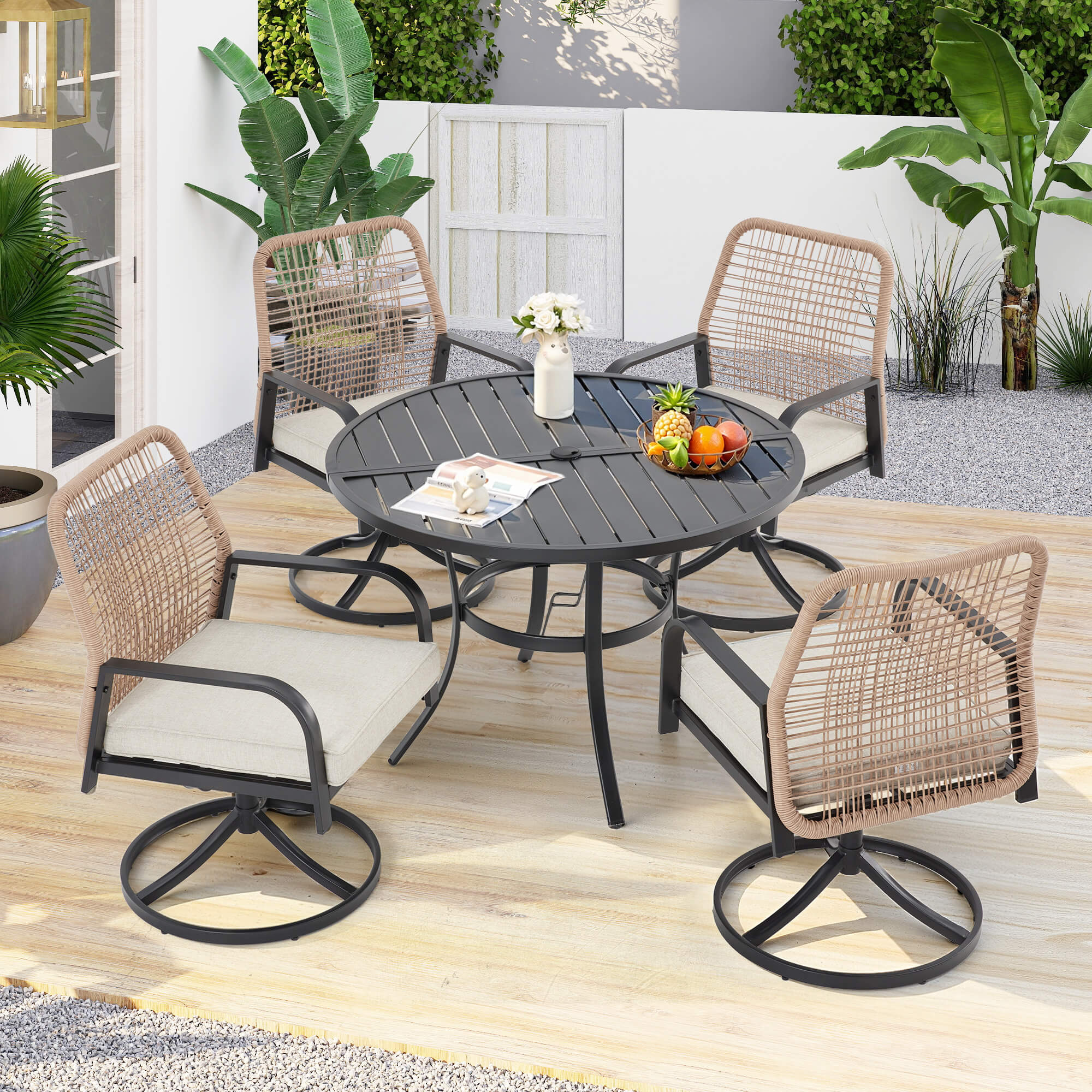 HOMREST 5-Piece Outdoor Dining Set, 4 Swivel Rattan Chairs with Thick Removable Cushions, Round Dining Table with Umbrella Hole