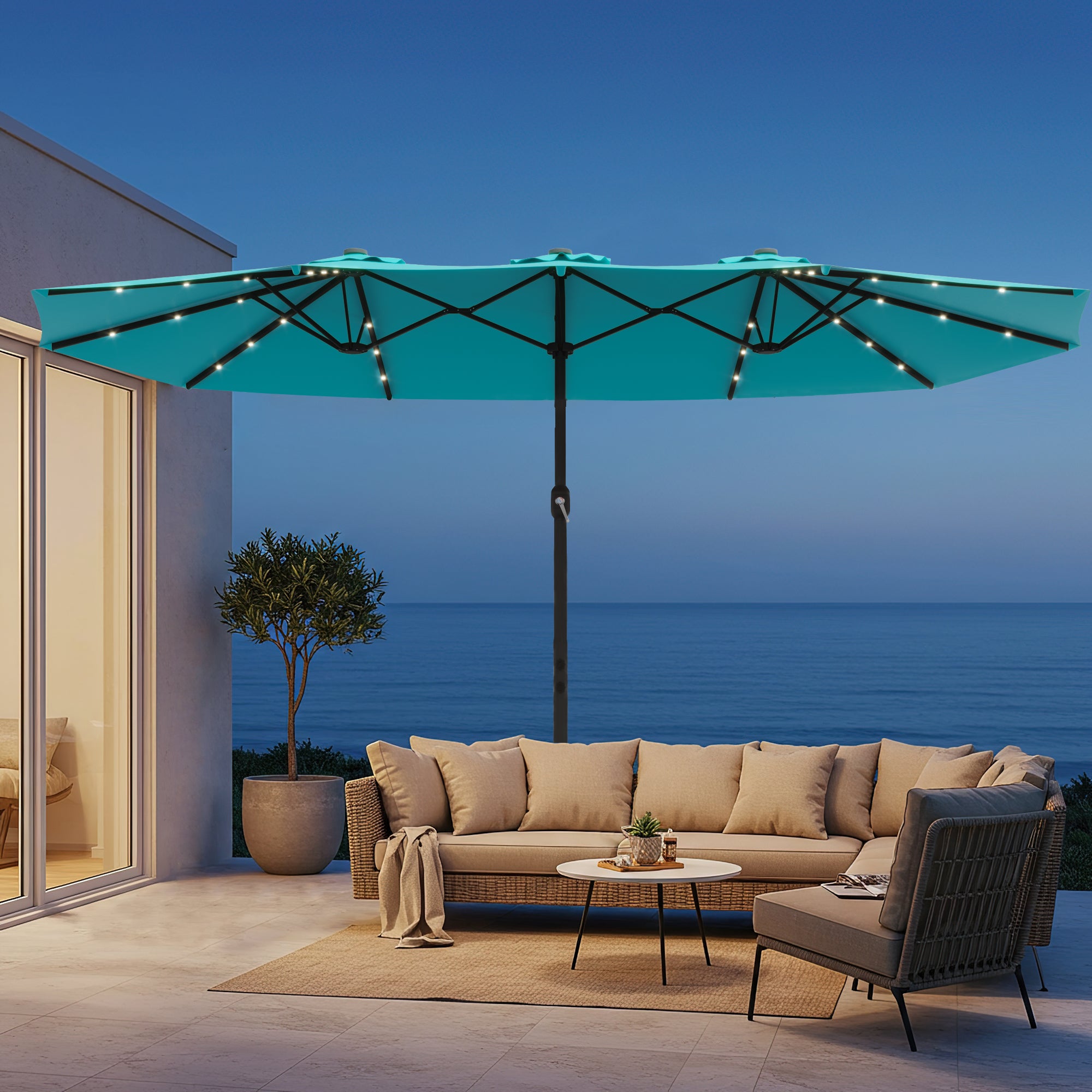 HOMREST 15ft Large Double-Sided Patio Umbrella with Solar LED Lights, Outdoor Crank System, and Base – Perfect for Garden, Deck, Poolside, Bule