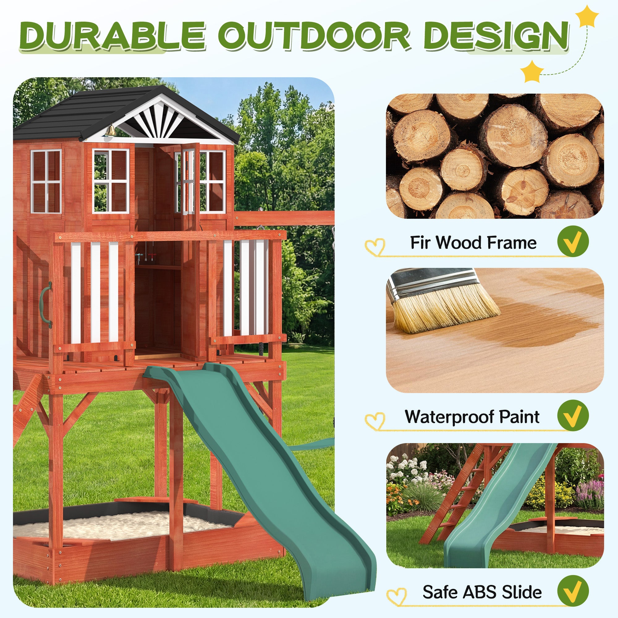 HOMREST Kids Outdoor Wooden Swing Set with Elevated Playhouse, Wave Slide, Belt Swings and Sandbox