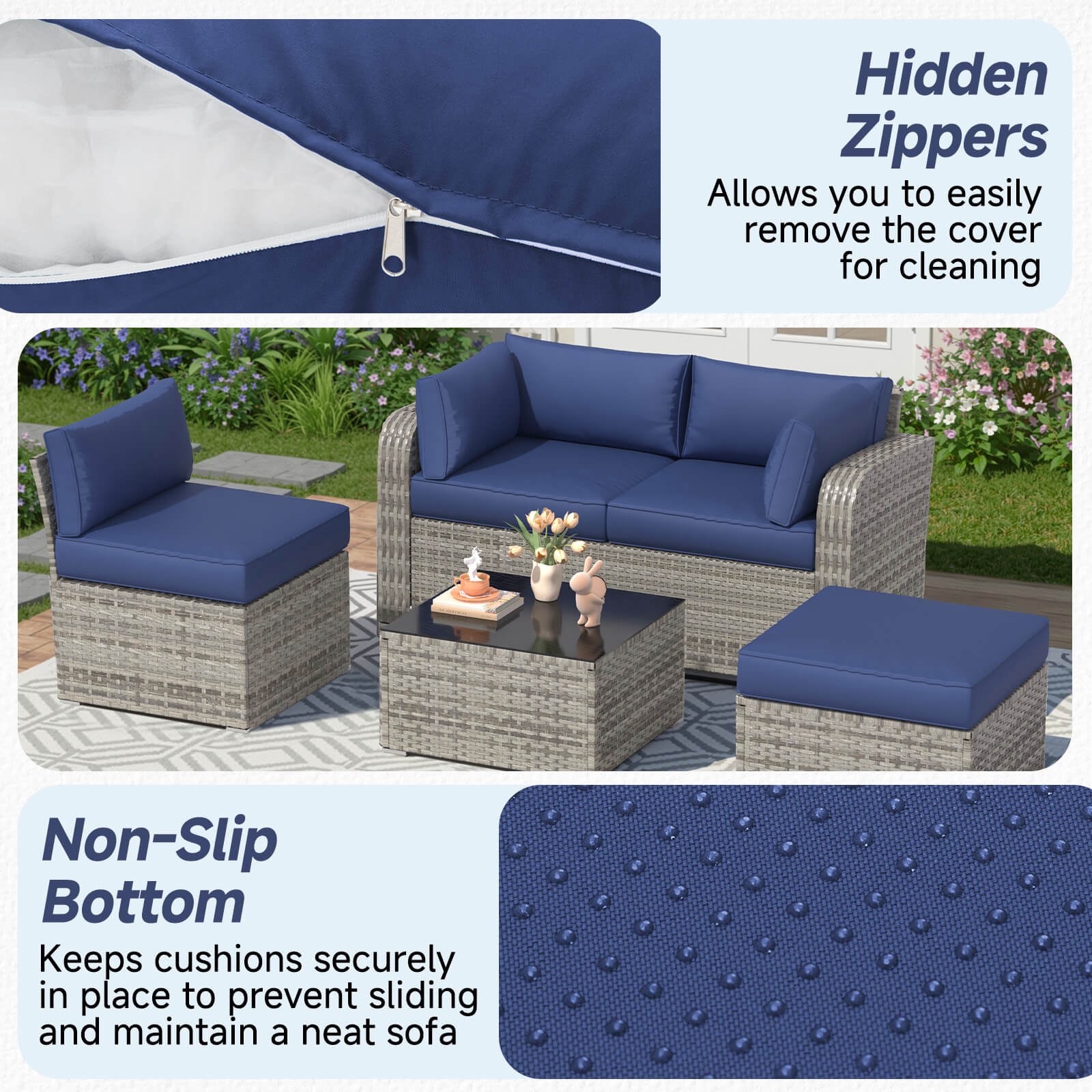 HOMREST 9-Piece Outdoor Sectional Cushions for 4-Seat Sofa, Waterproof Deep Seat w/ Non-Slip & Machine Washable Covers, Navy Blue