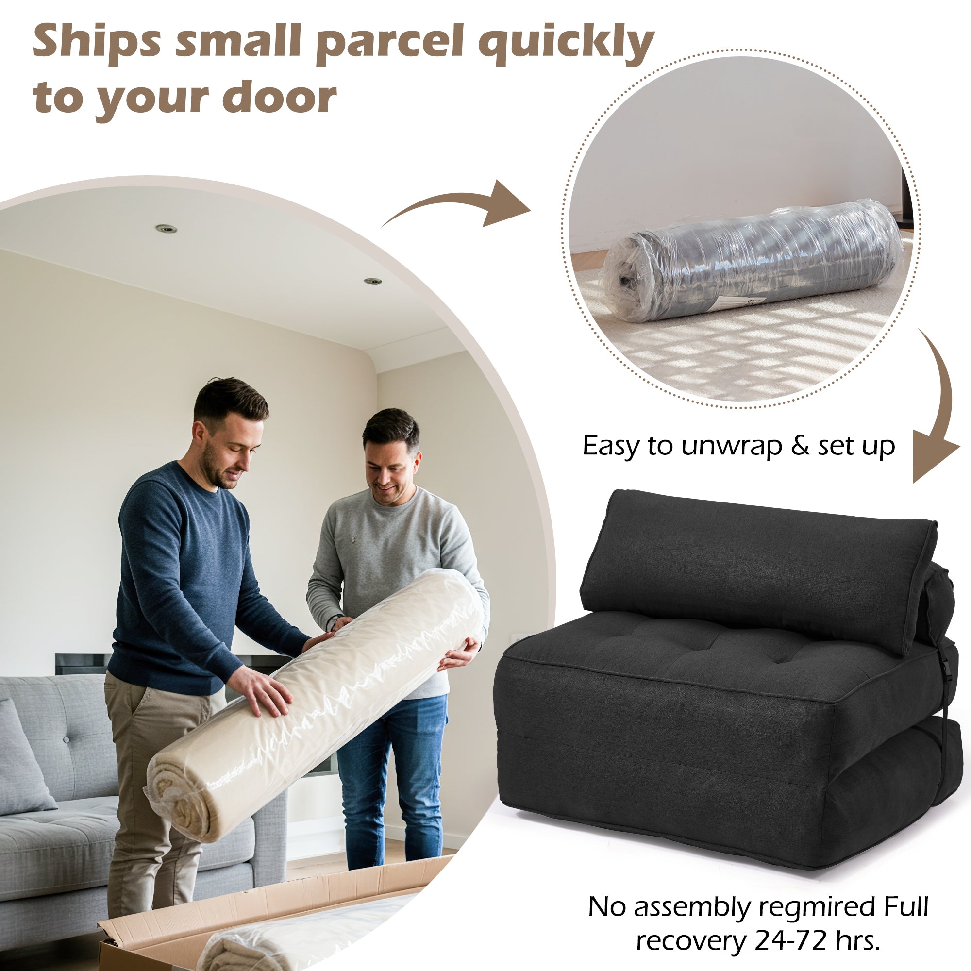 HOMREST 3-Piece Modular Sectional Sofa, Convertible Lounge Set – Foldable Couch Bed, Black
