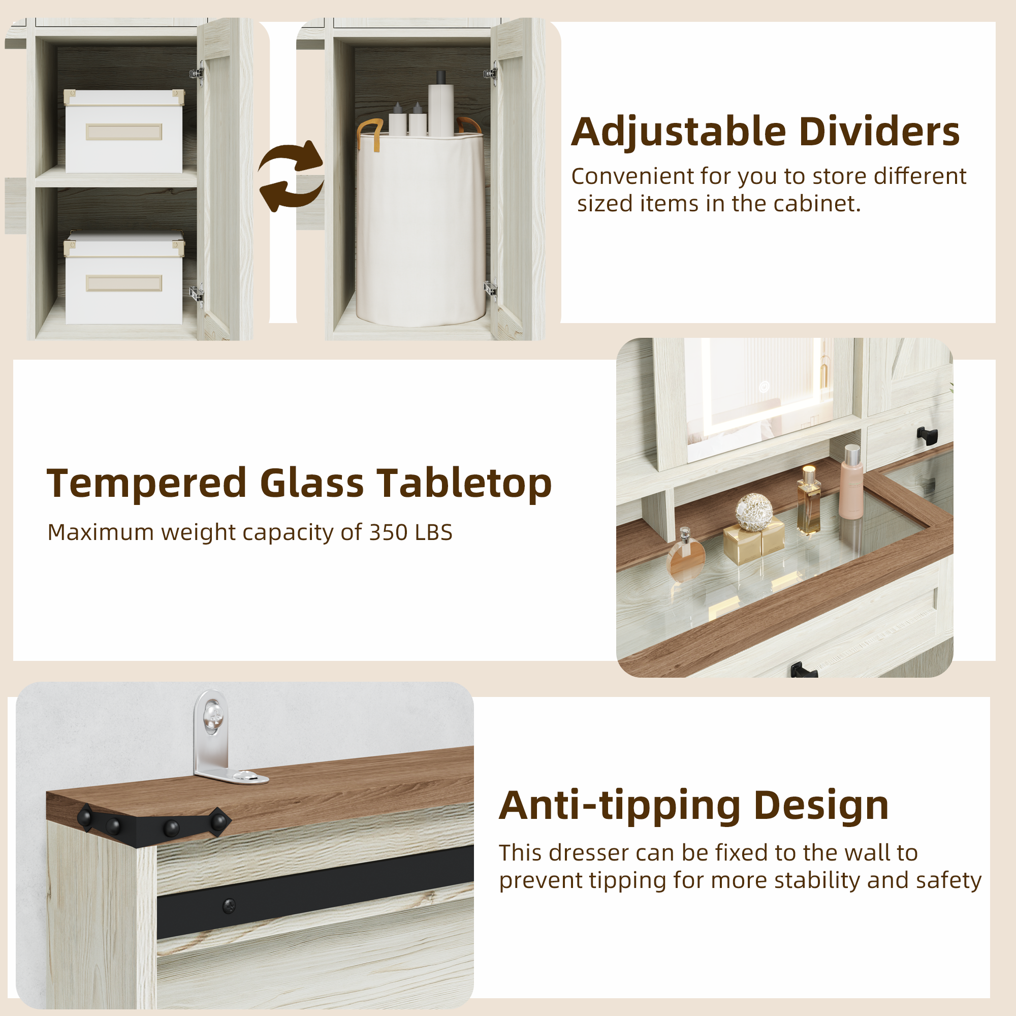 HOMREST  Farmhouse Vanity Desk with Mirror, Lights and Jewelry Storage, Rustic Farmhouse Style