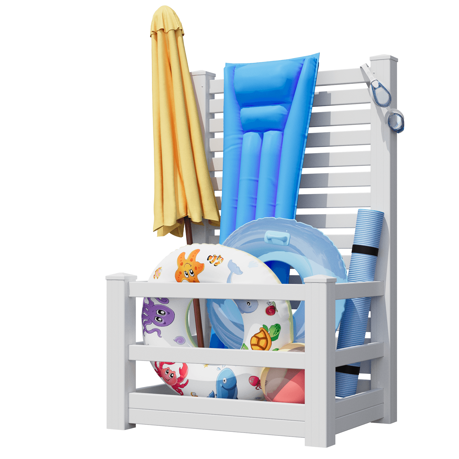 HOMREST 71" H Privacy Screen Pool Storage Organizer, Freestanding Pool Float Holder Replaces Deck Box, White