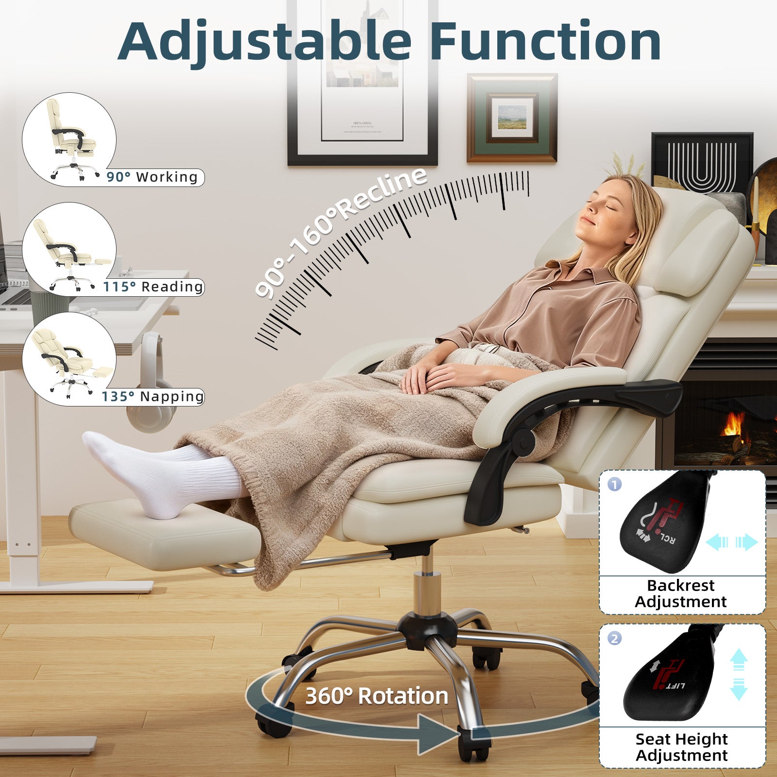 HOMREST 6-Point Massage Office Chair with Heat, Ergonomic Reclining Desk Chair with Footrest, PU Leather Executive Chair for Home Office,Comfortable Computer Chair Gift for Women, Off White