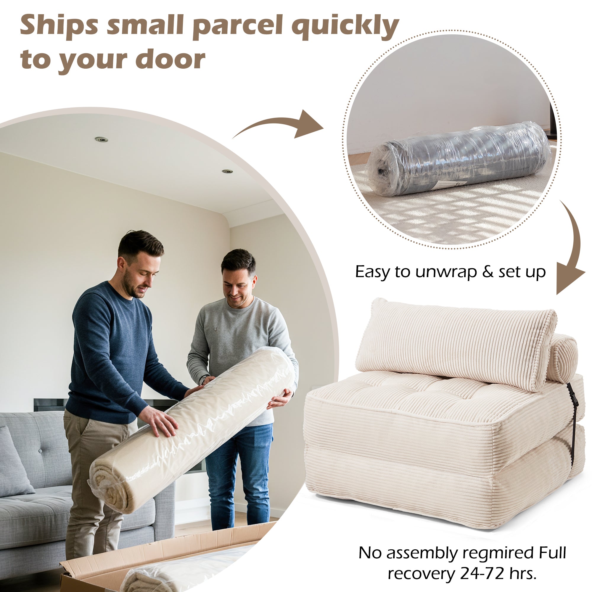 HOMREST 3-Piece Modular Sectional Sofa, Convertible Lounge Set – Foldable Couch Bed, Beige